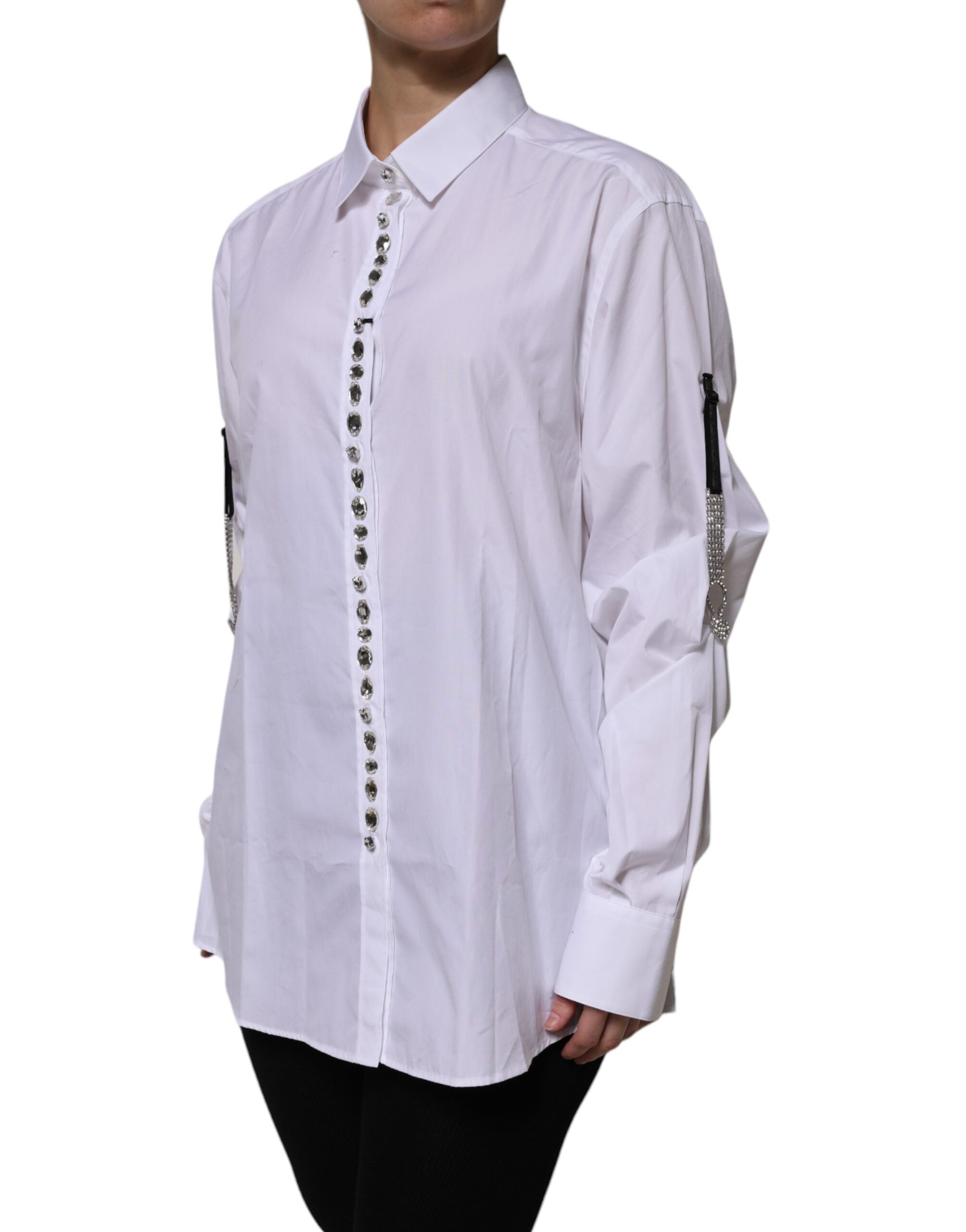 Dolce & Gabbana White Rhinestone Embellish Long Sleeves Women's Top (Pre-Owned)