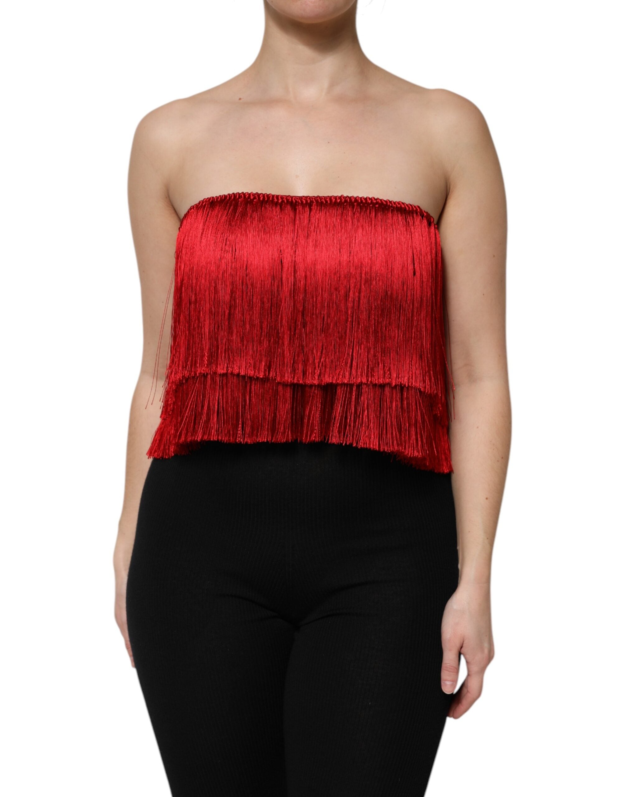 Dolce & Gabbana Red Silk Strapless Fringe Crop Tube Women's Top