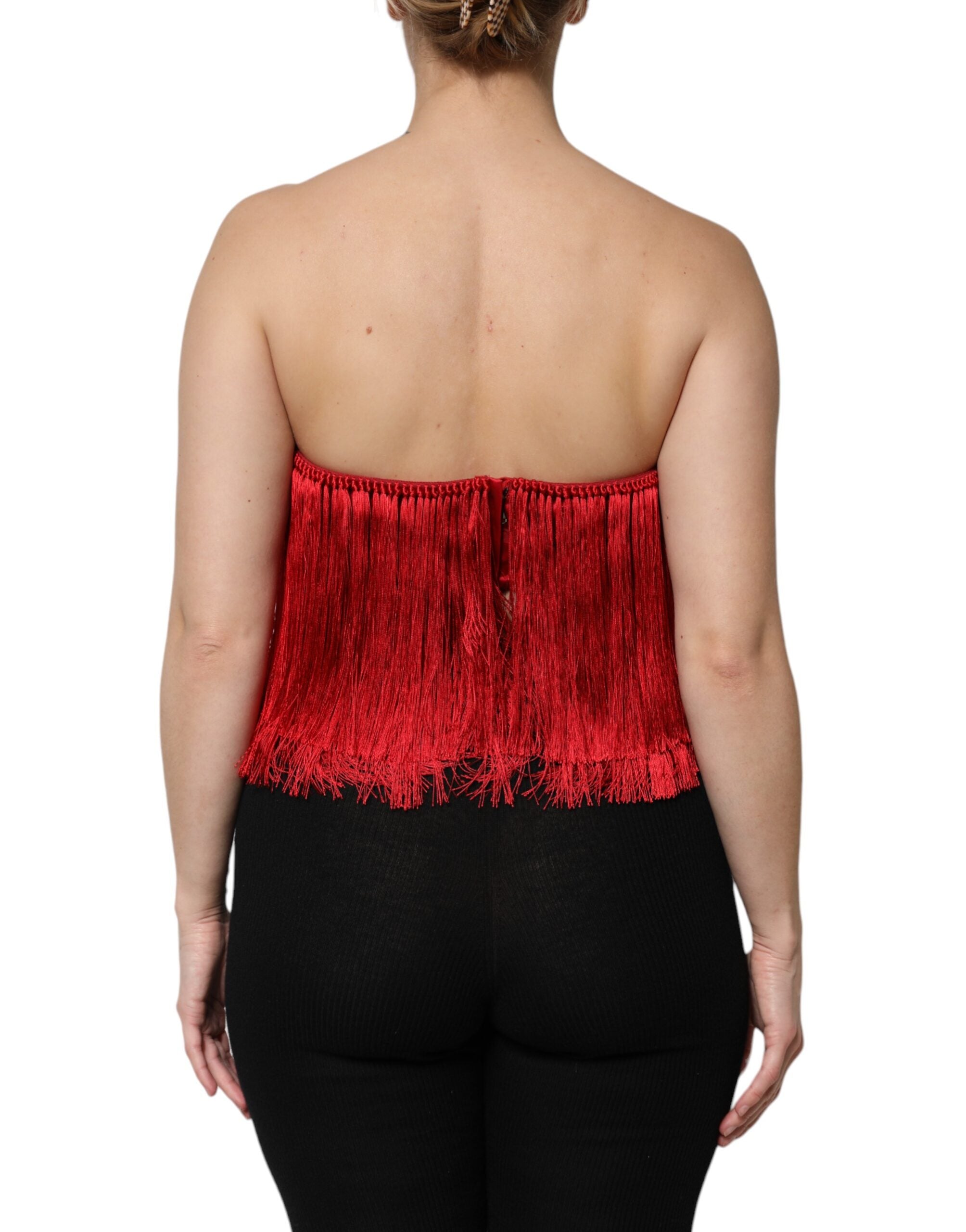 Dolce & Gabbana Red Silk Strapless Fringe Crop Tube Women's Top