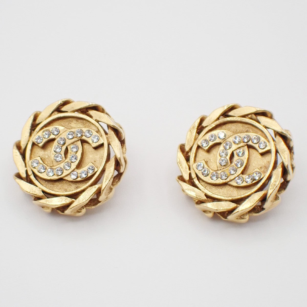 Chanel Vintage Cc Round Clip-On Metal With Crystals Gold Gold_Plated Earrings Jewelry (Pre-Owned)