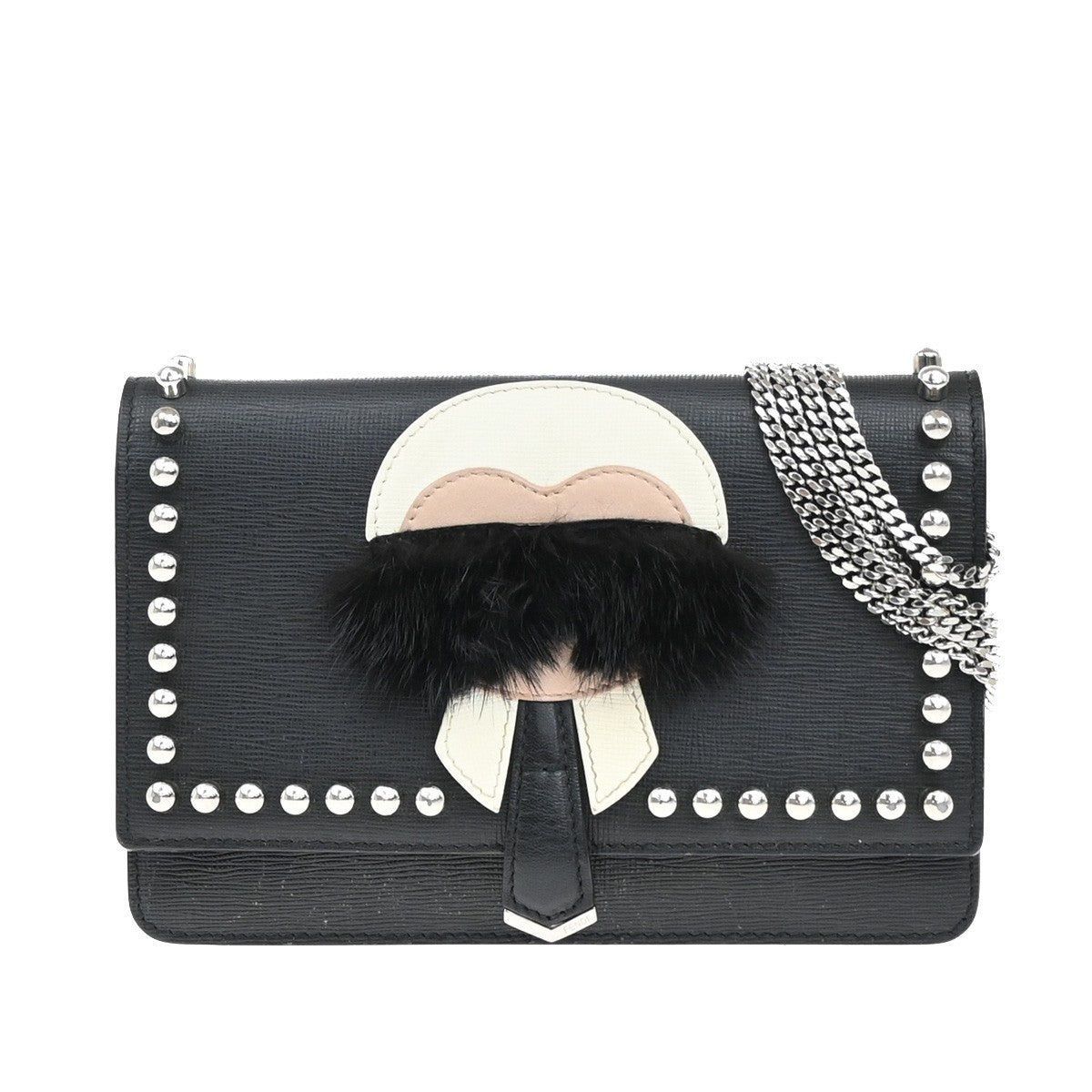 Fendi Karlito Wallet On Chain Studded Saffiano Leather Black Leather Shoulder Bag Bag (Pre-Owned)