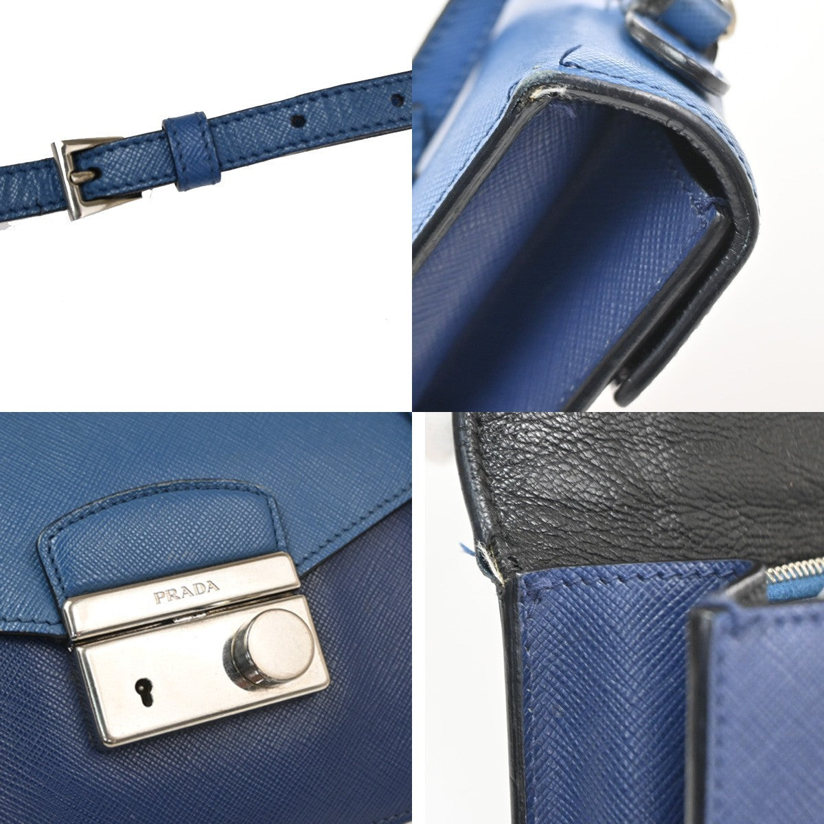 Prada Convertible Sound Top Handle Saffiano Leather Blue Leather Shoulder Bag Bag (Pre-Owned)