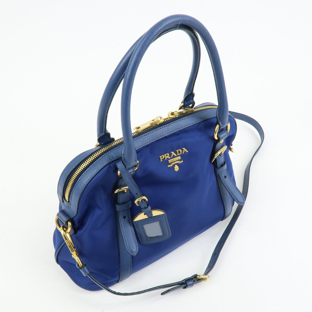Prada Convertible Dome Satchel Tessuto With Saffiano Leather Blue Nylon Handbag (Pre-Owned)