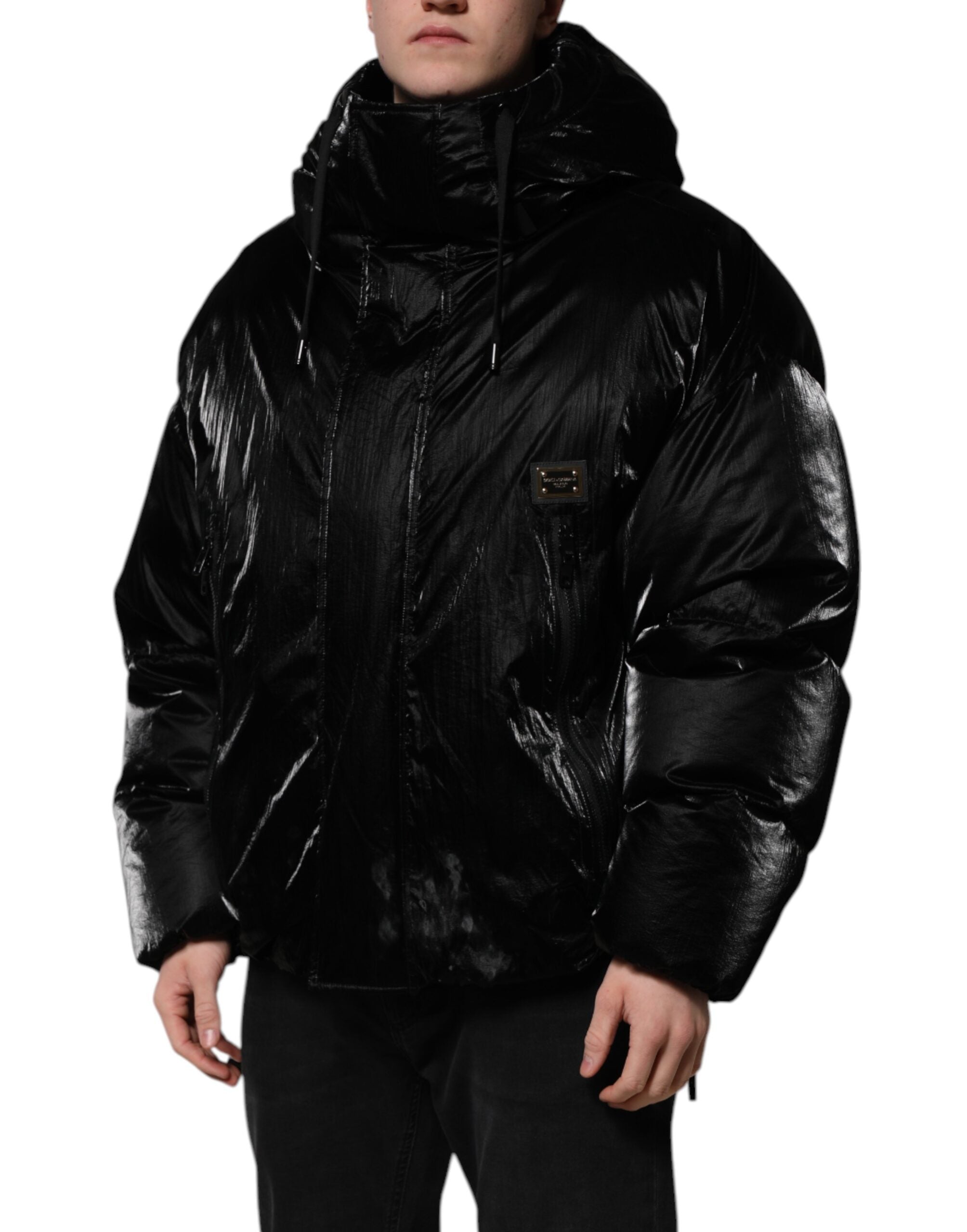 Dolce & Gabbana Black Logo Full Zip Hooded Quilted Men's Jacket