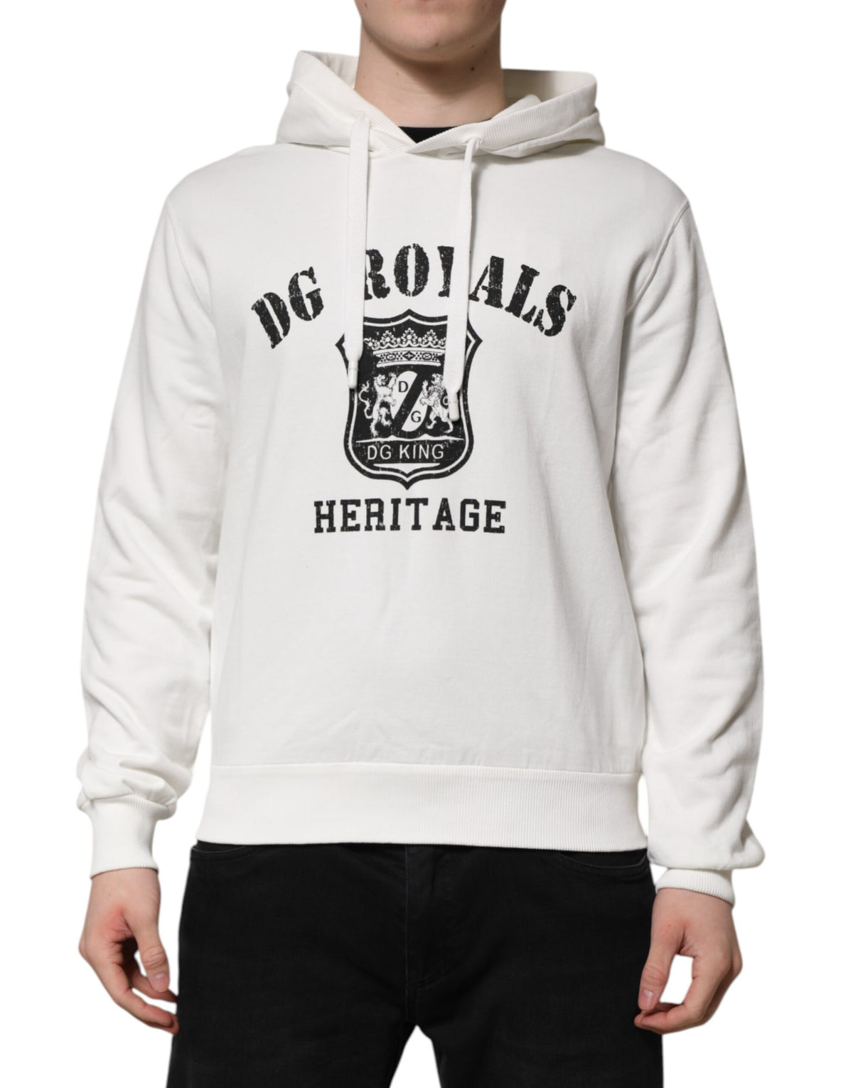 Dolce & Gabbana White Cotton DG ROYAL Print Hooded Men's Sweater