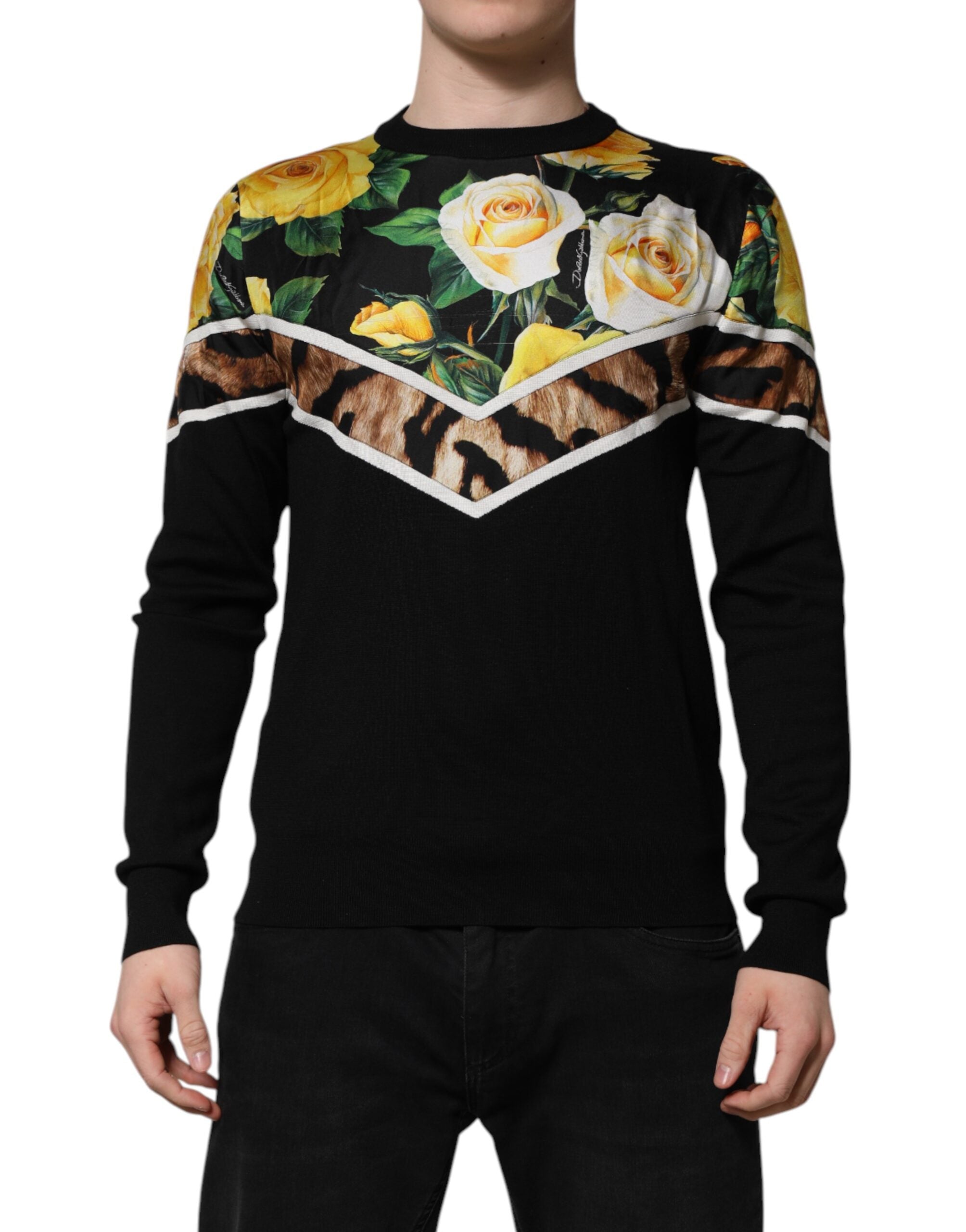 Dolce & Gabbana Black Silk Floral Crew Neck Pullover Men's Sweater (Pre-Owned)