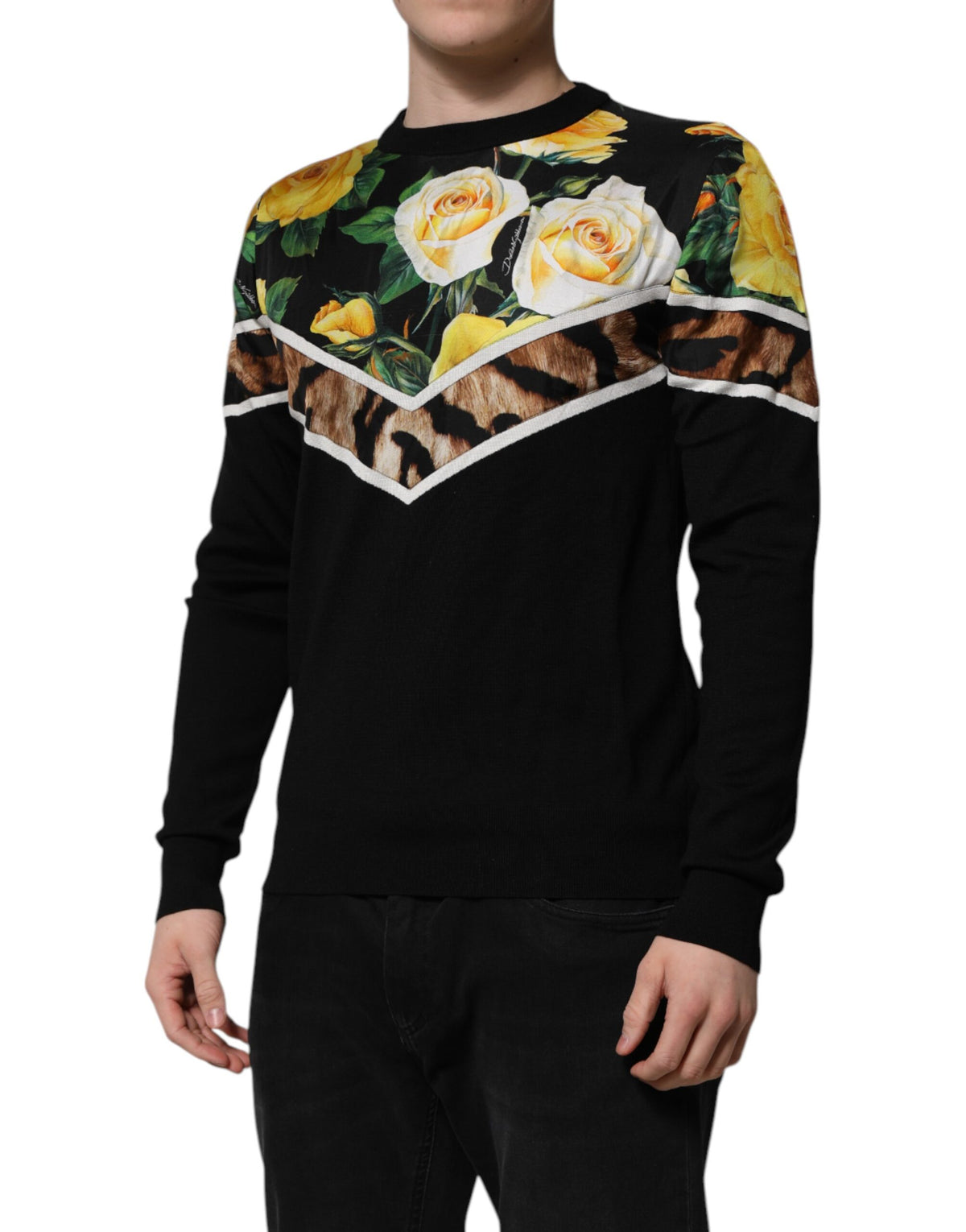 Dolce & Gabbana Black Silk Floral Crew Neck Pullover Men's Sweater (Pre-Owned)
