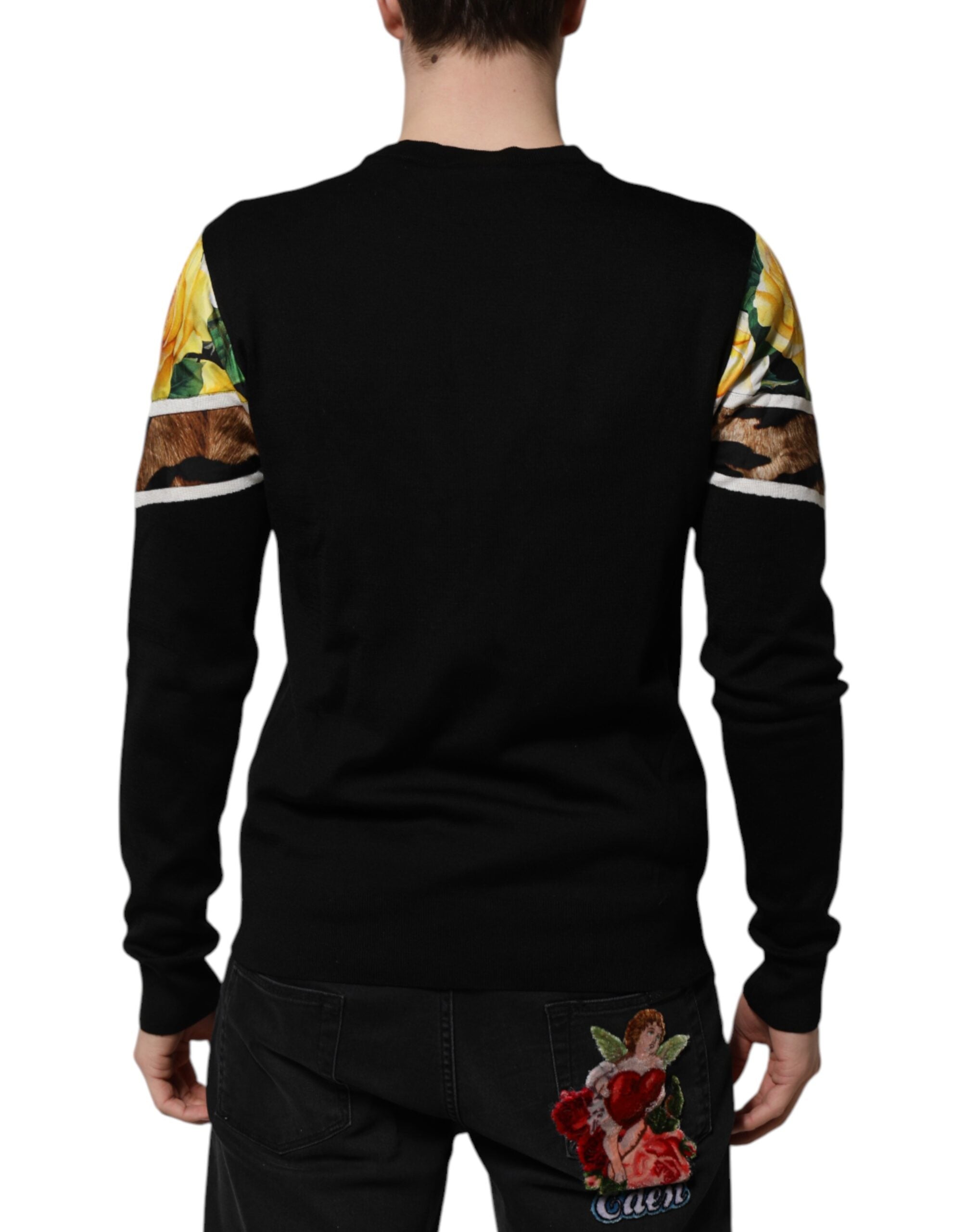 Dolce & Gabbana Black Silk Floral Crew Neck Pullover Men's Sweater (Pre-Owned)