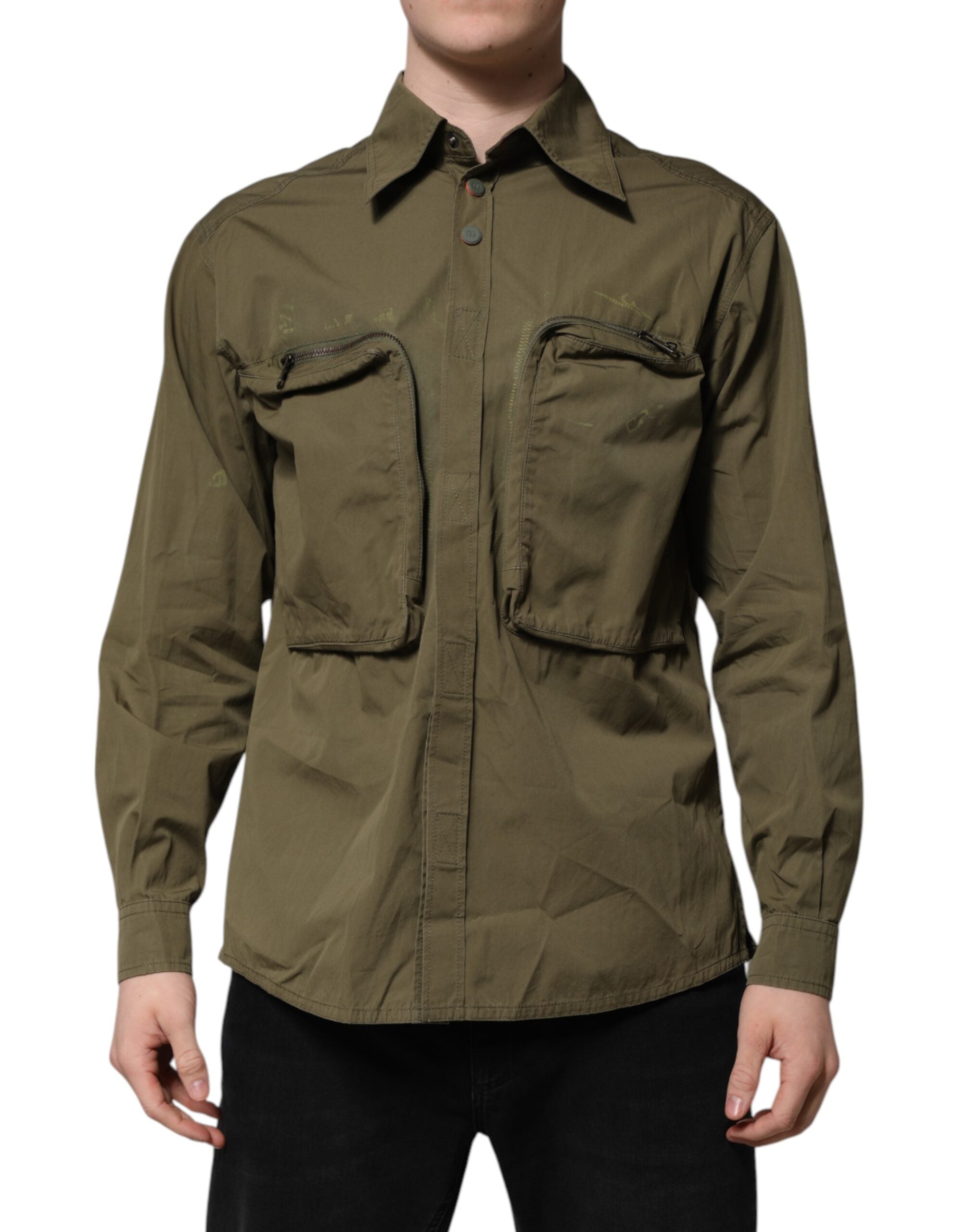 Dolce & Gabbana Army Green Button Down Long Sleeves Men's Shirt (Pre-Owned)