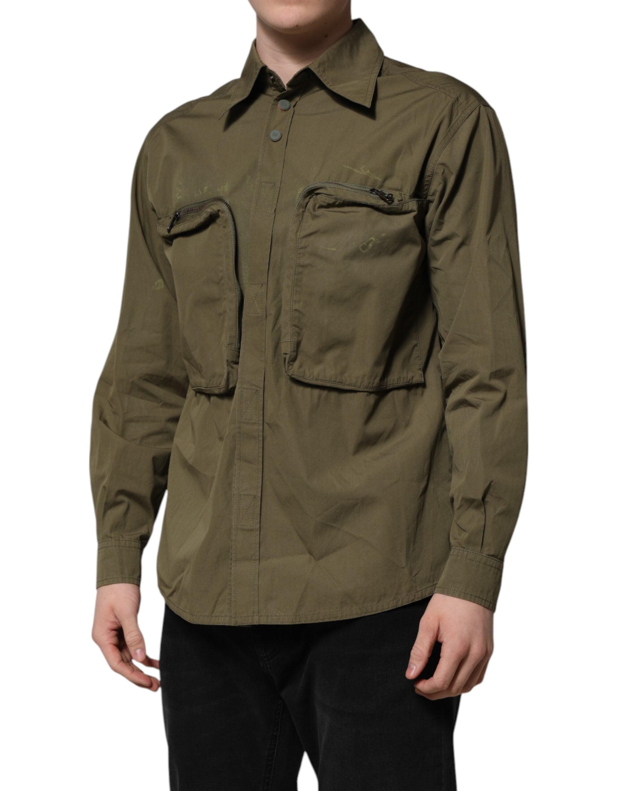 Dolce & Gabbana Army Green Button Down Long Sleeves Men's Shirt (Pre-Owned)