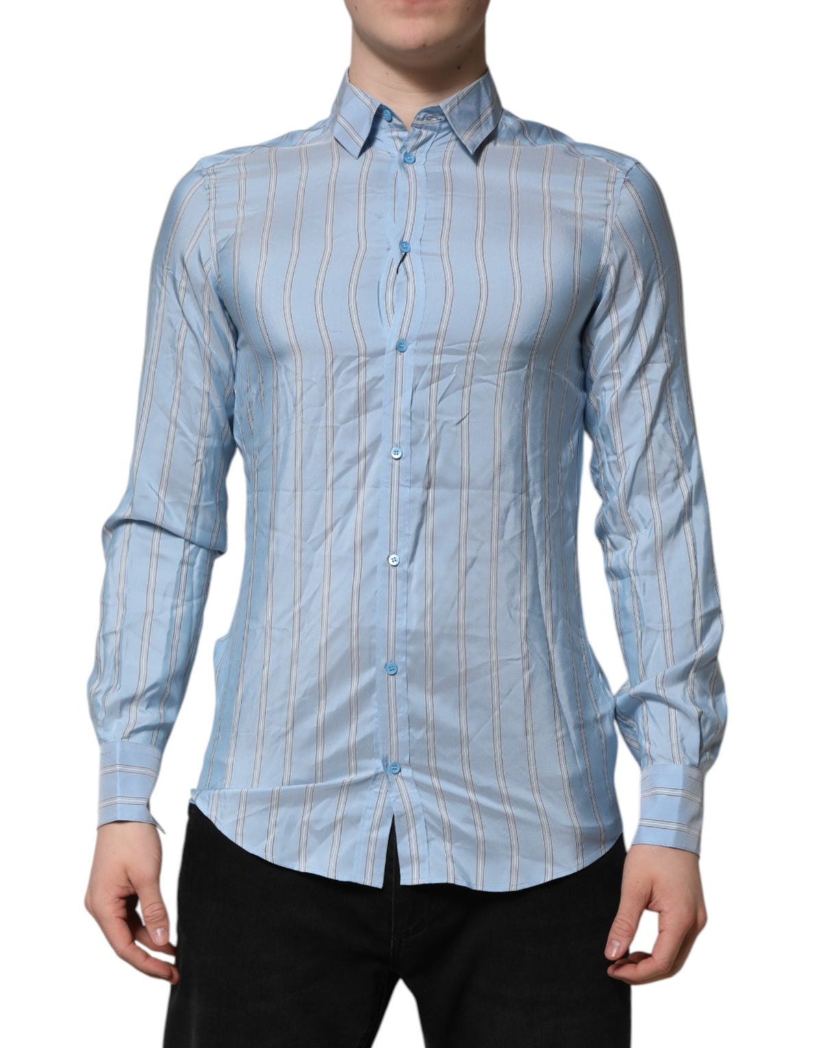 Dolce & Gabbana Blue Striped MARTINI Long Sleeves Dress Men's Shirt (Pre-Owned)