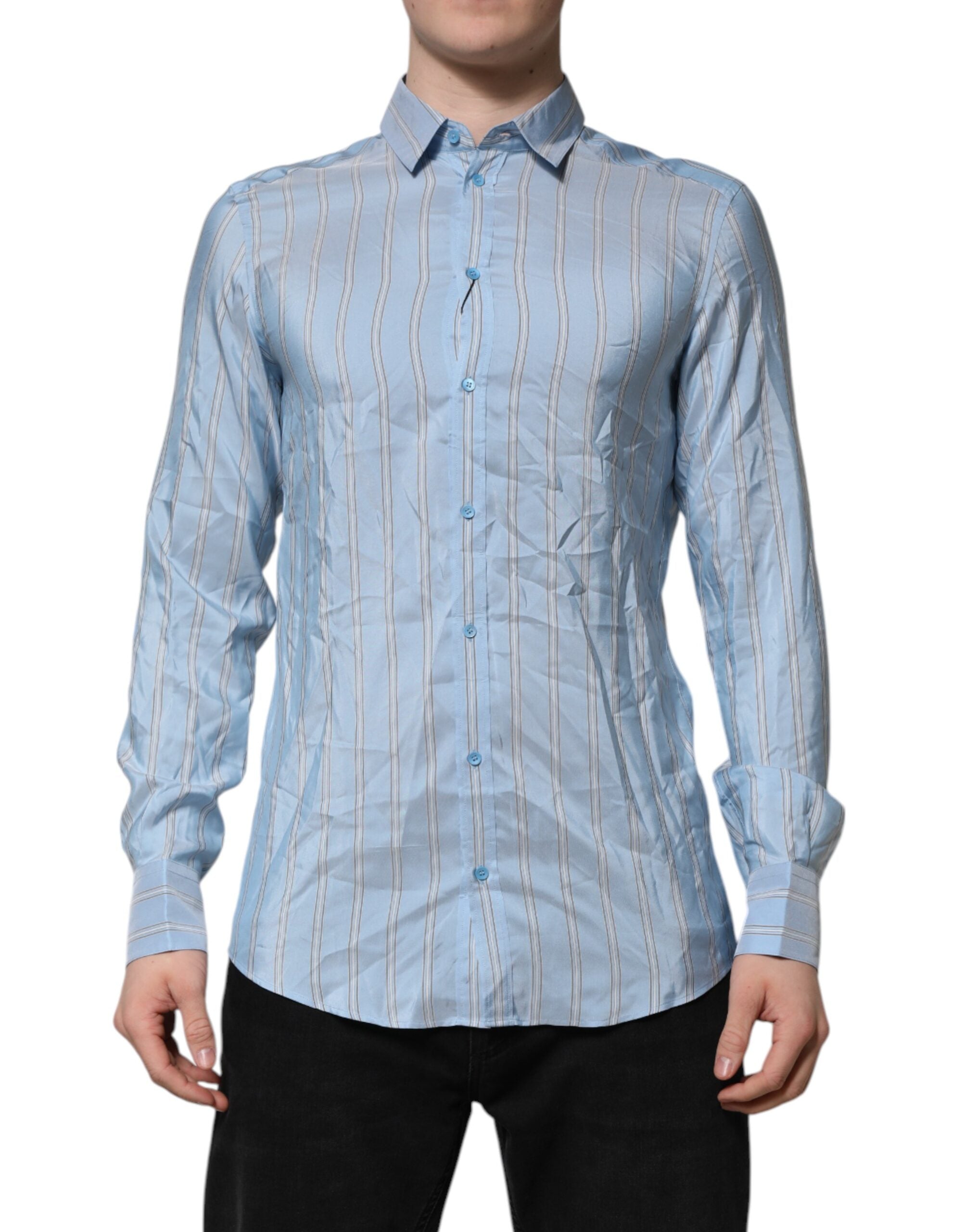 Dolce & Gabbana Blue Striped MARTINI Long Sleeve Dress Men's Shirt (Pre-Owned)
