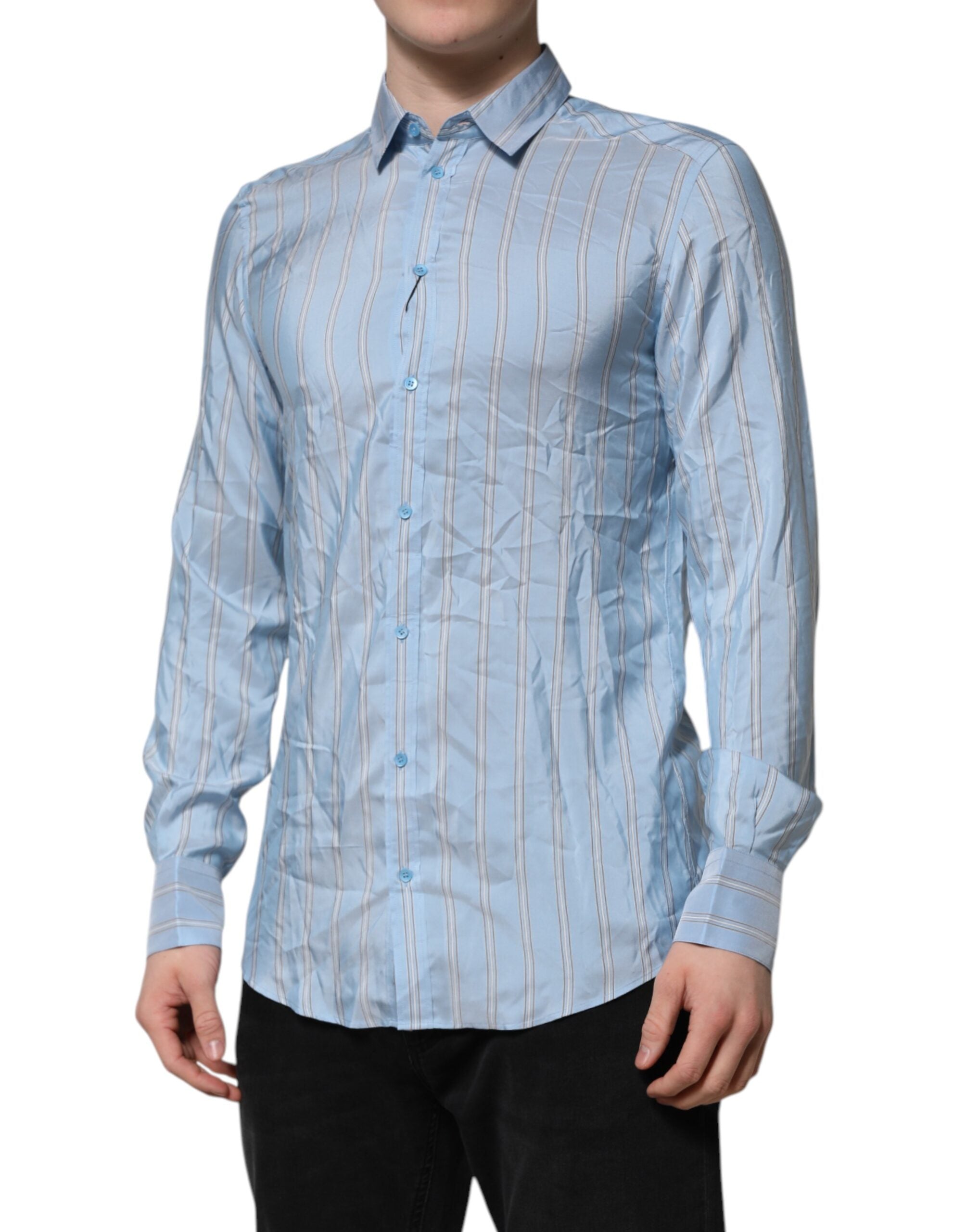 Dolce & Gabbana Blue Striped MARTINI Long Sleeve Dress Men's Shirt (Pre-Owned)