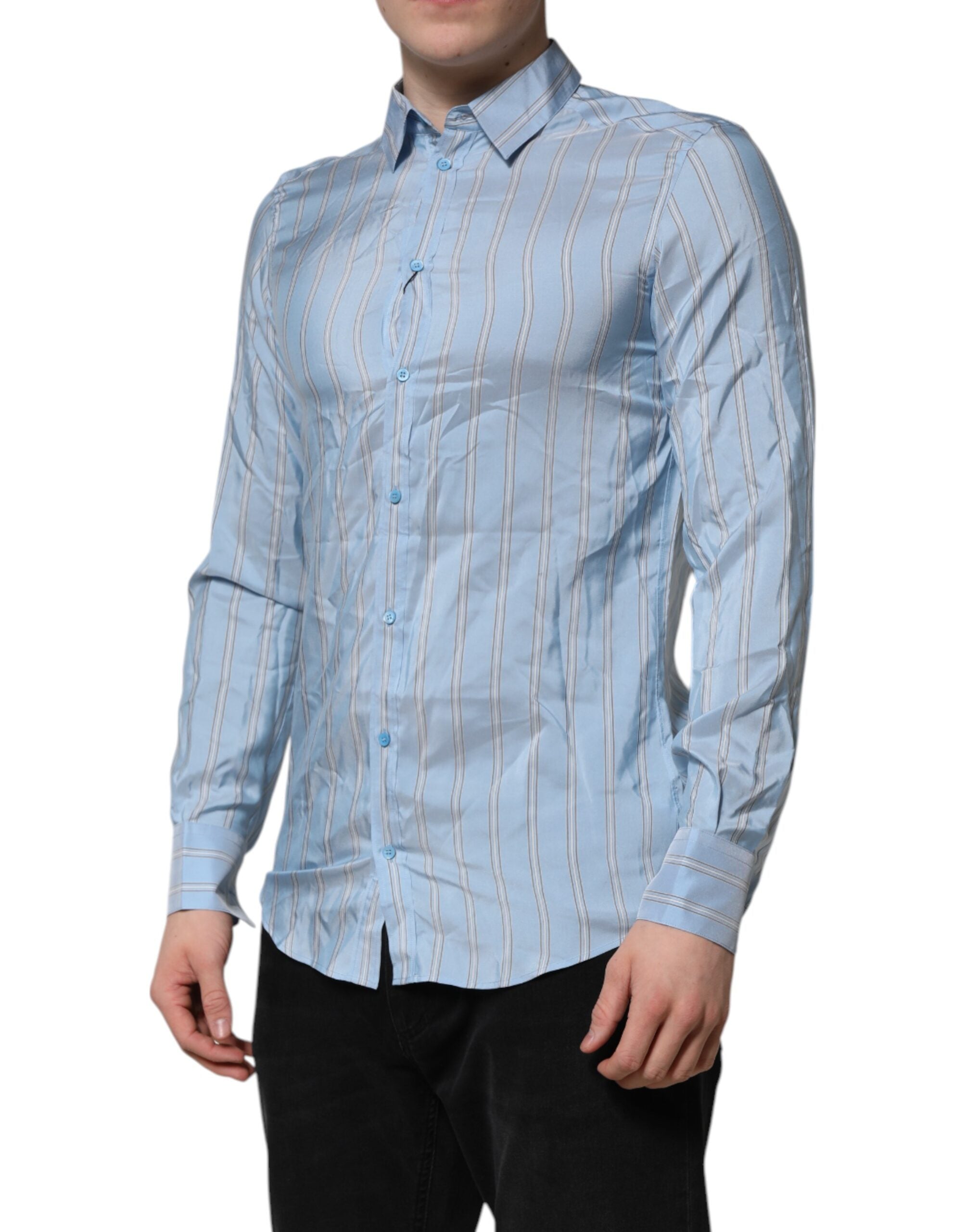 Dolce & Gabbana Blue Striped MARTINI Long Sleeves Dress Men's Shirt (Pre-Owned)