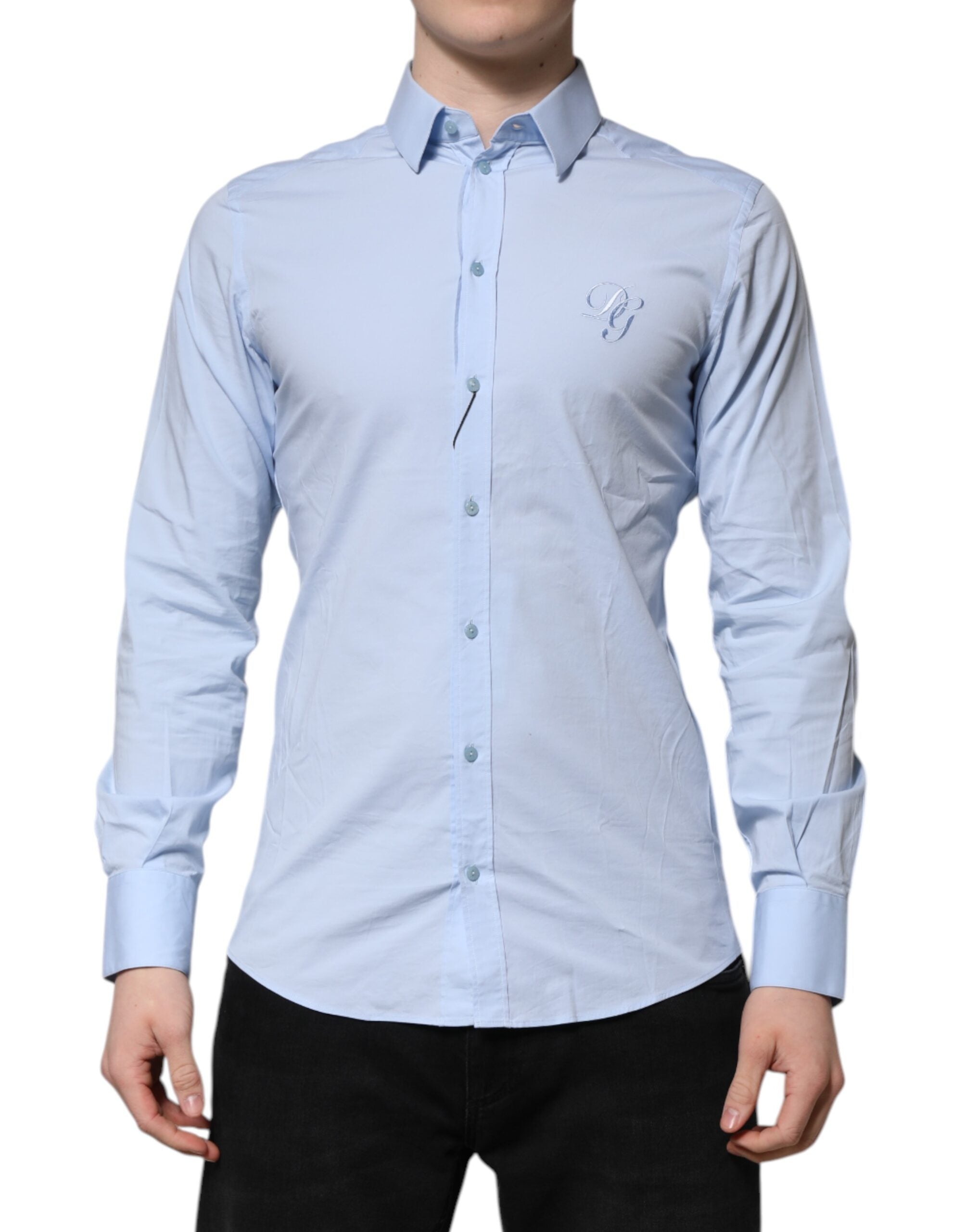 Dolce & Gabbana Sky Blue Cotton GOLD Long Sleeves Dress Men's Shirt (Pre-Owned)