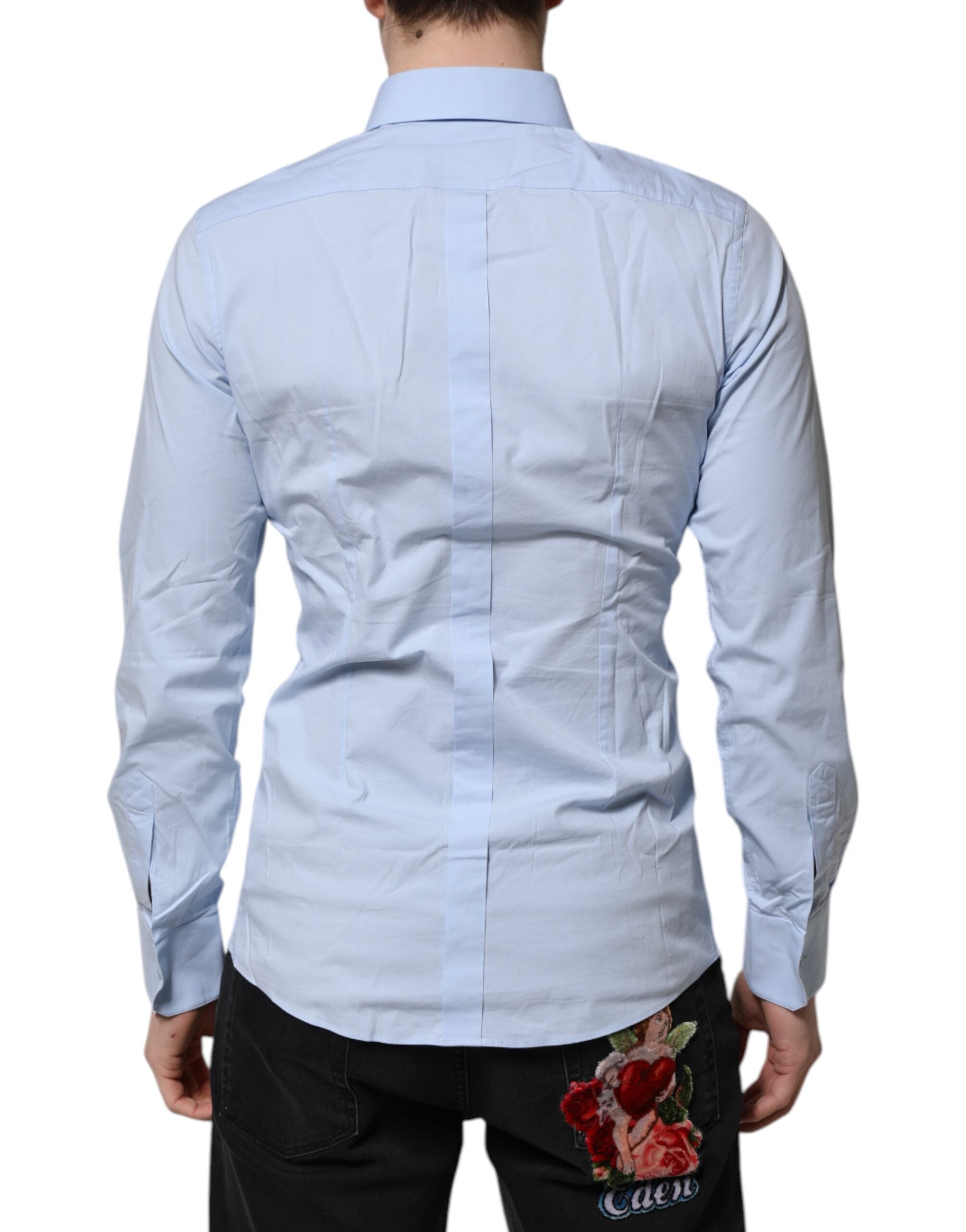 Dolce & Gabbana Sky Blue Cotton GOLD Long Sleeves Dress Men's Shirt (Pre-Owned)