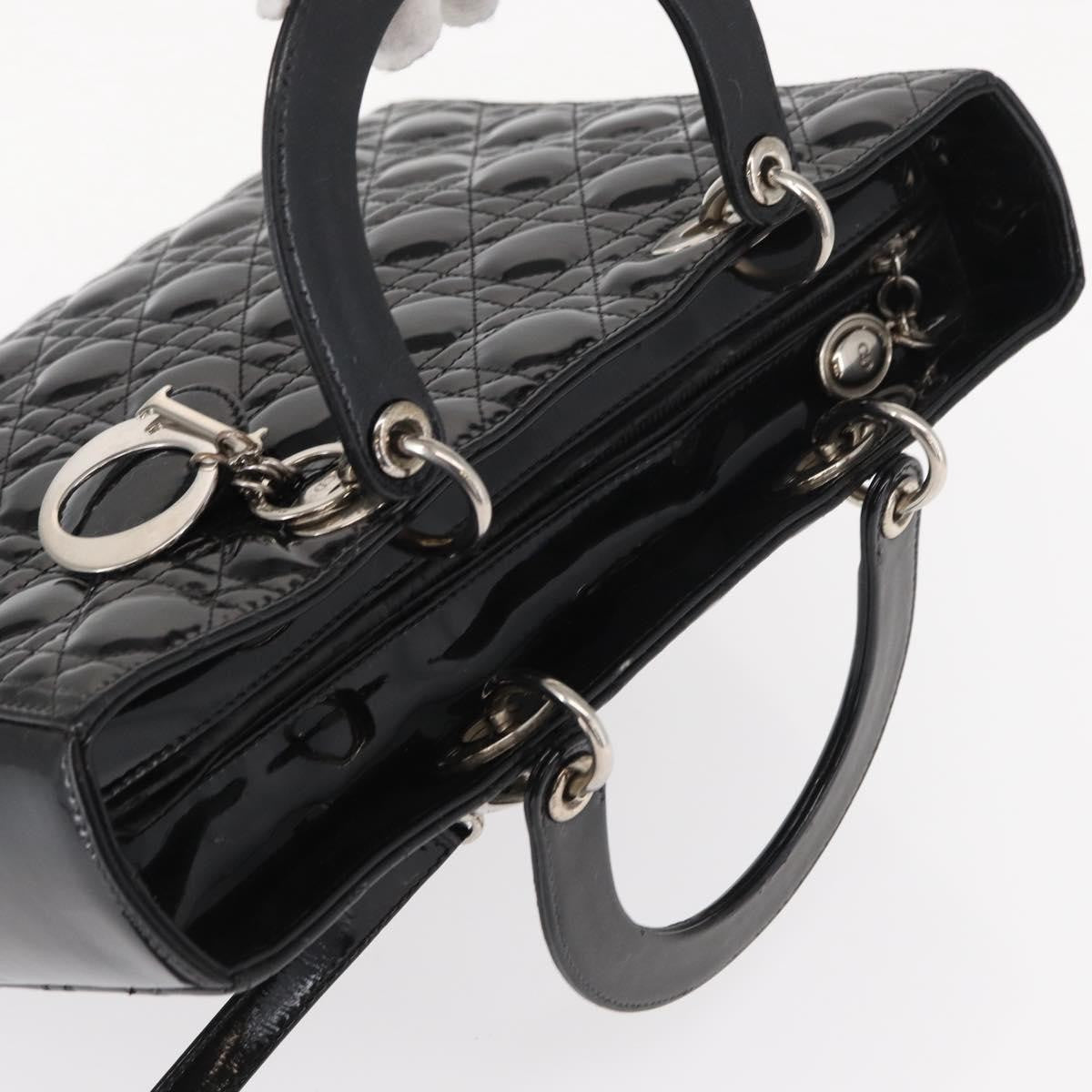 Christian Dior Lady Dior Cannage Stitch Patent Black Patent_Leather Handbag (Pre-Owned)