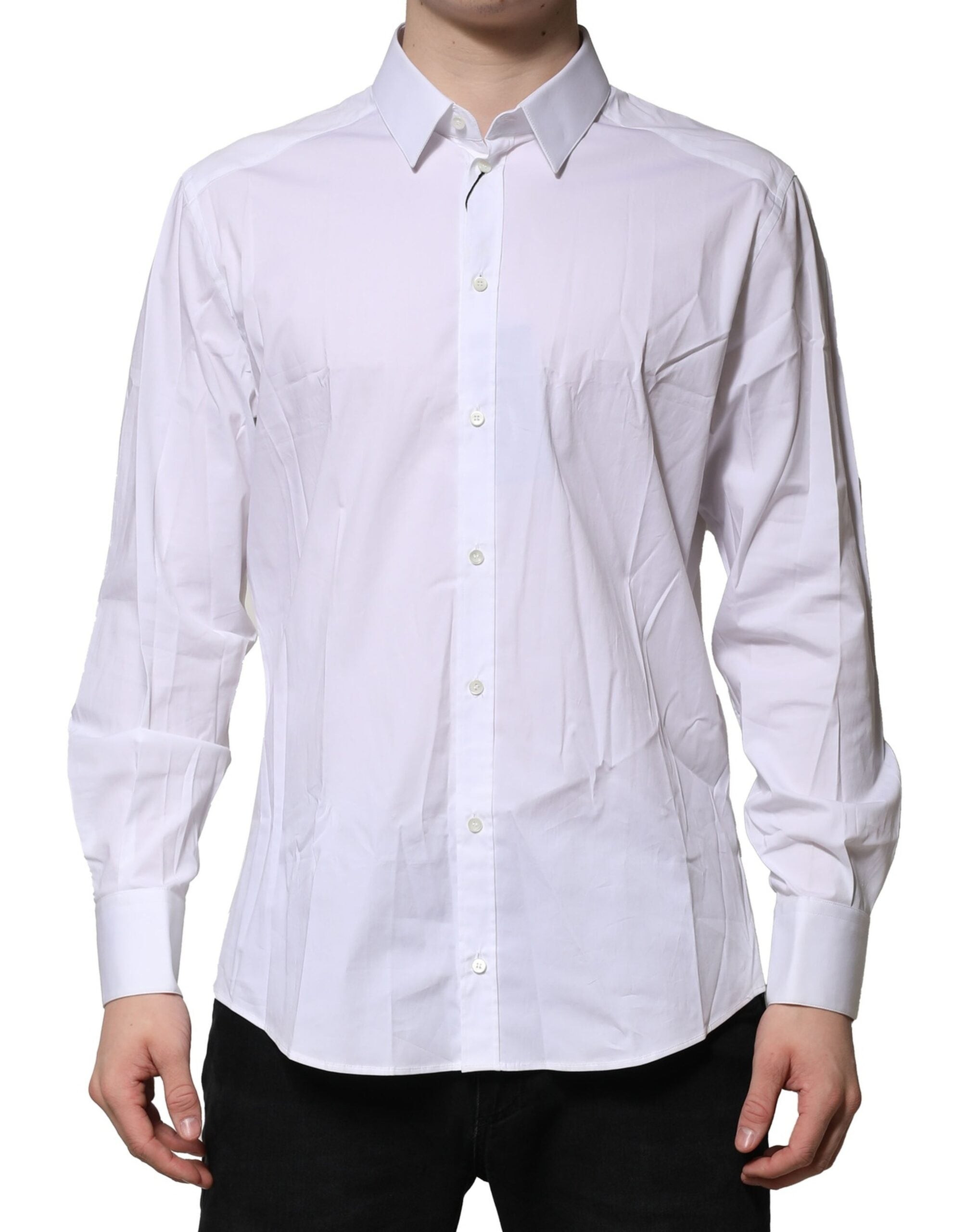 Dolce & Gabbana White Cotton GOLD Long Sleeves Dress Men's Shirt (Pre-Owned)