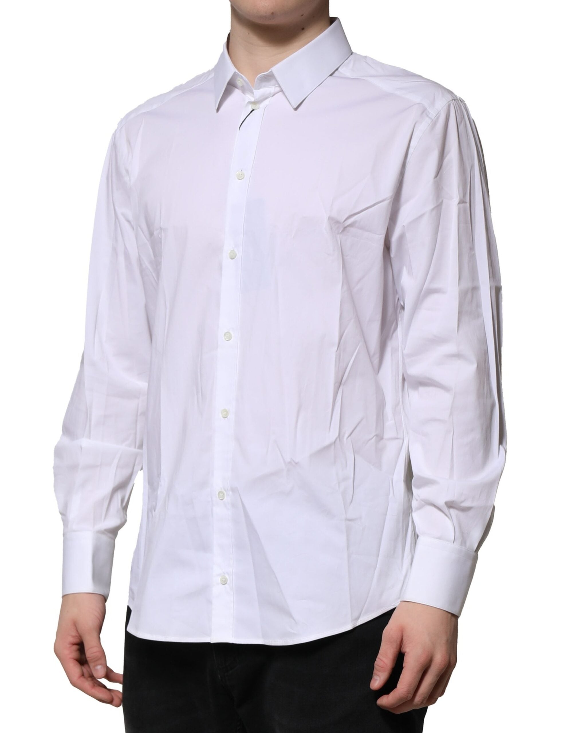 Dolce & Gabbana White Cotton GOLD Long Sleeves Dress Men's Shirt (Pre-Owned)