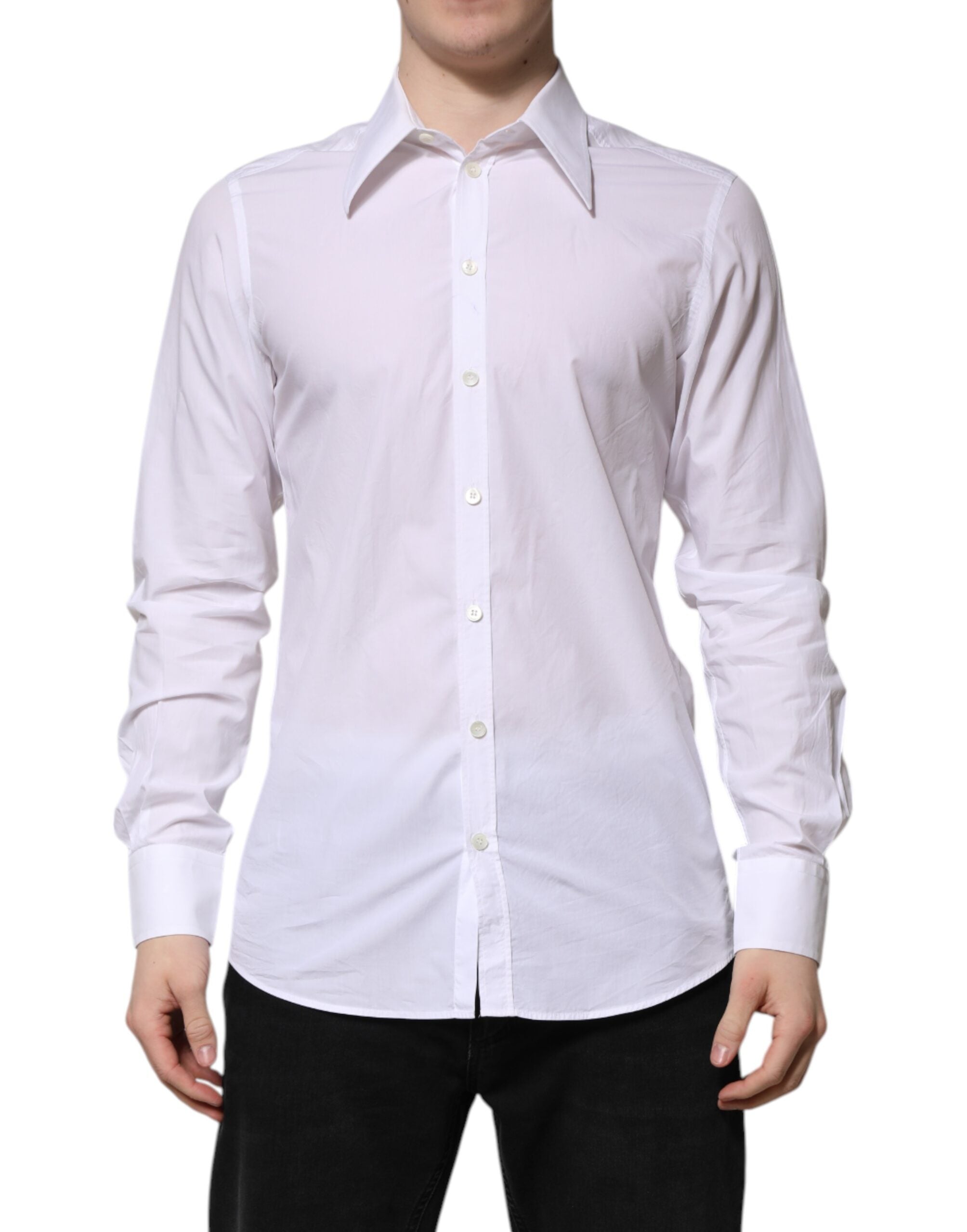 Dolce & Gabbana White Cotton Long Sleeves Dress Men's Shirt (Pre-Owned)