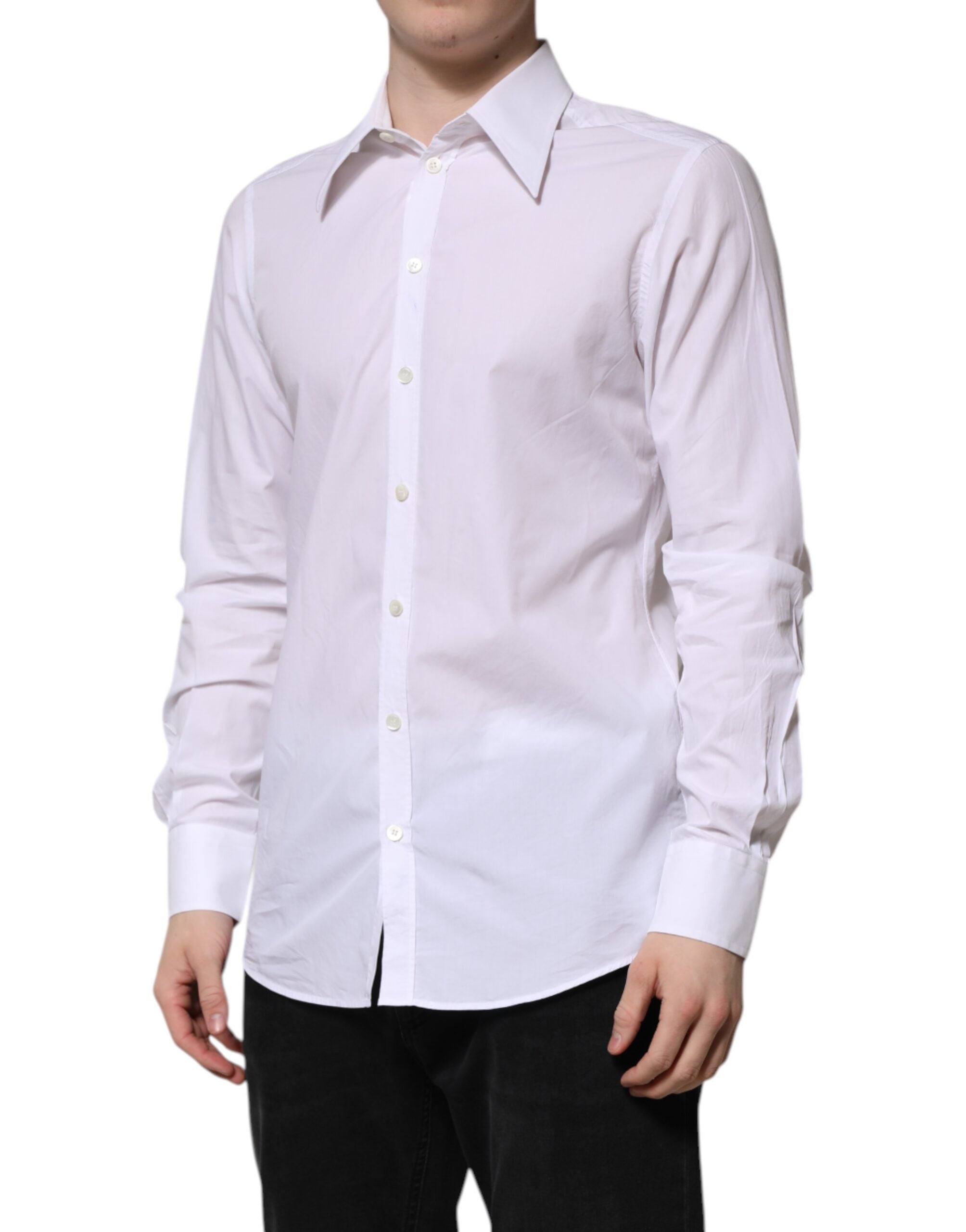 Dolce & Gabbana White Cotton Long Sleeves Dress Men's Shirt (Pre-Owned)