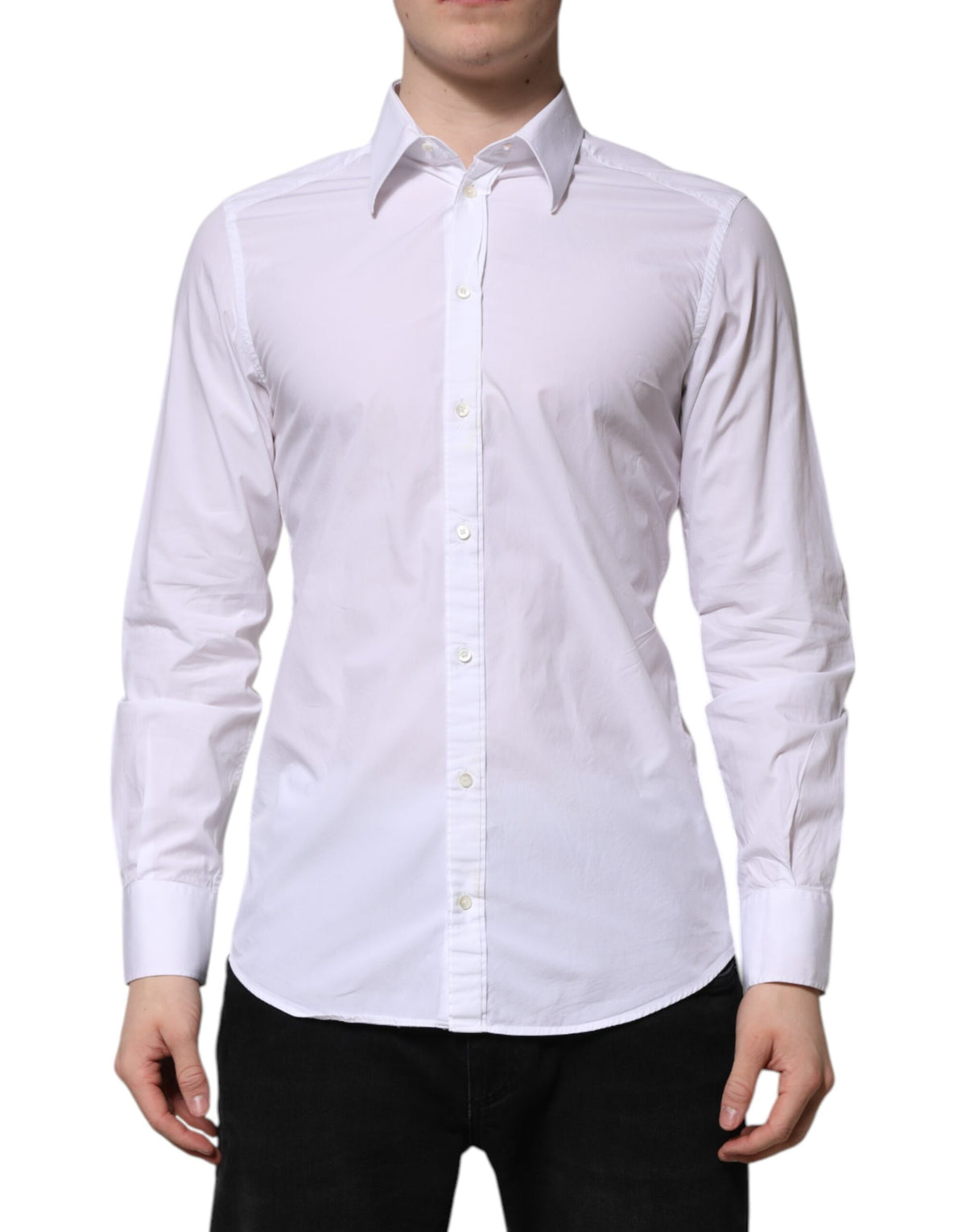 Dolce & Gabbana White Cotton GOLD Long Sleeves Dress Men's Shirt (Pre-Owned)