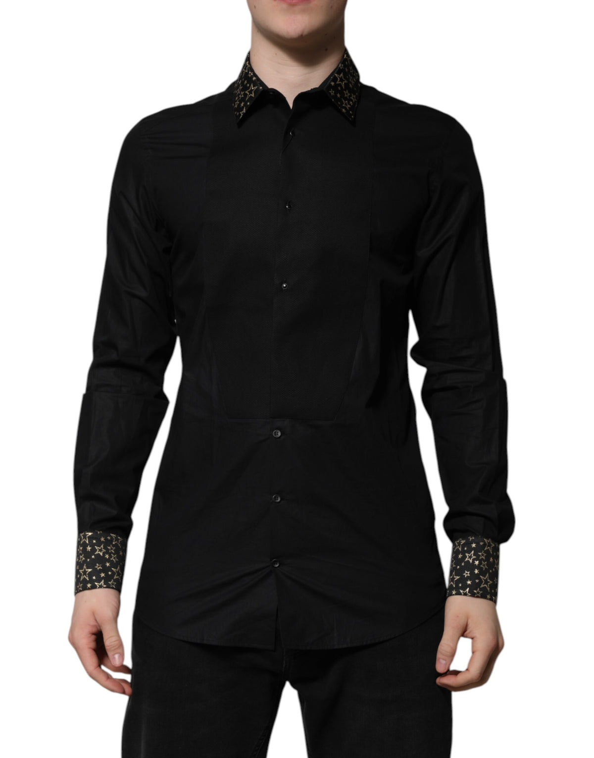 Dolce & Gabbana Black Cotton GOLD Long Sleeves Dress Men's Shirt (Pre-Owned)