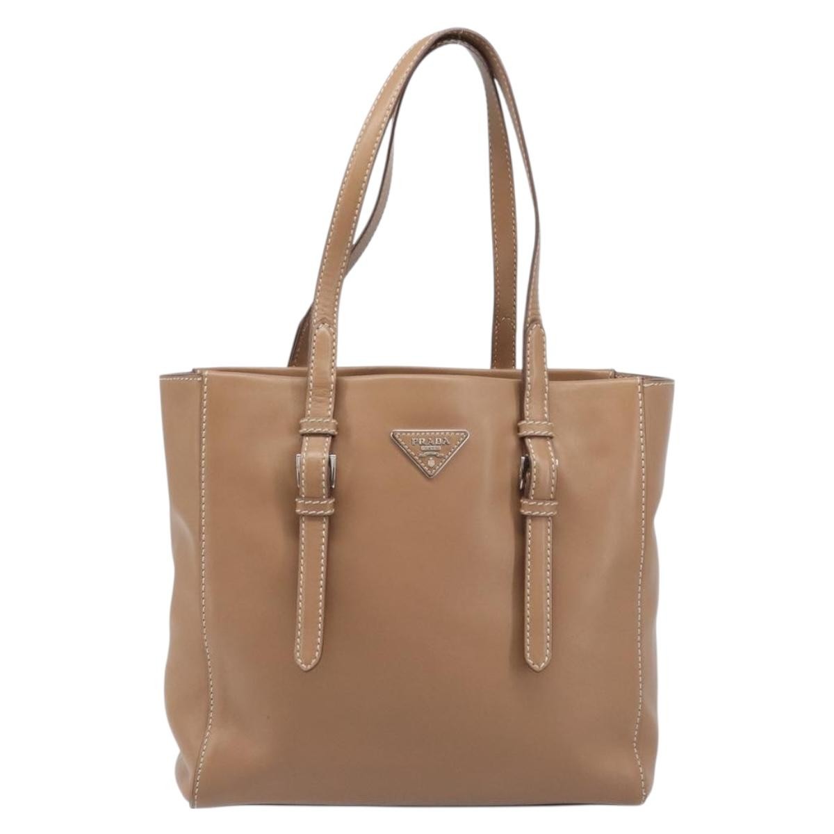 Prada Covered Strap Open City Calfskin Beige Leather Tote Bag Bag (Pre-Owned)