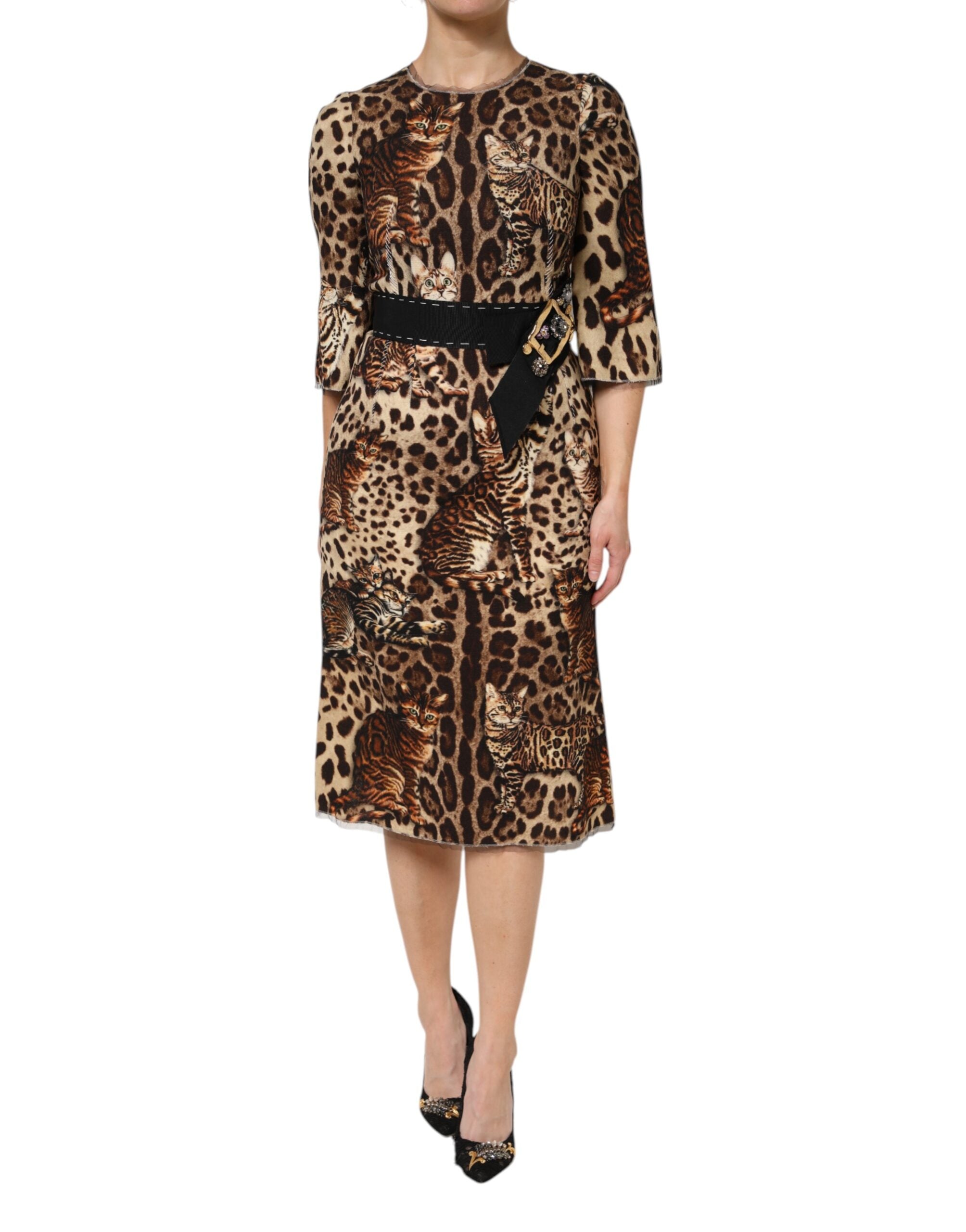 Dolce & Gabbana Brown Leopard Print Belted A-line Midi Women's Dress (Pre-Owned)