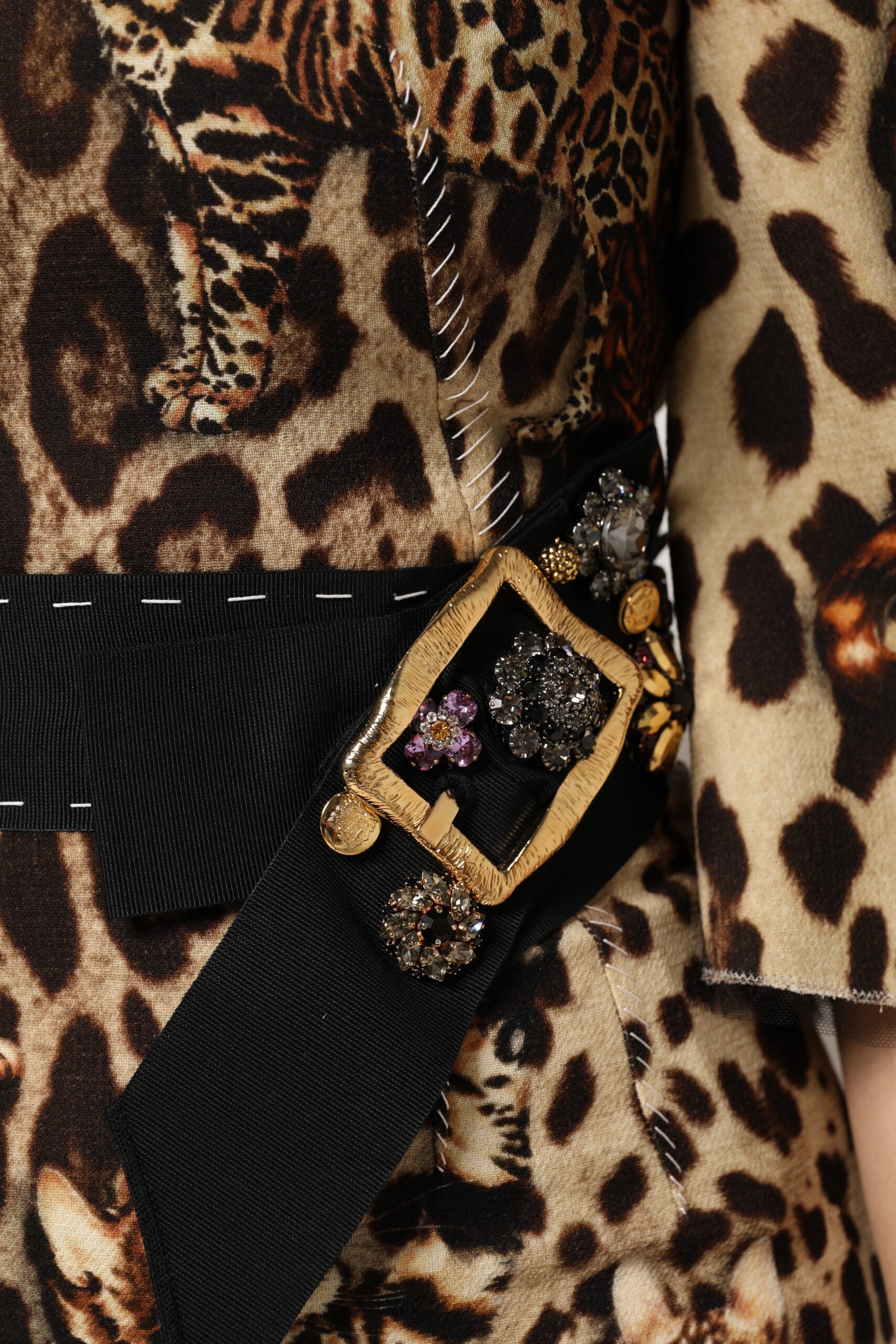 Dolce & Gabbana Brown Leopard Print Belted A-line Midi Women's Dress (Pre-Owned)