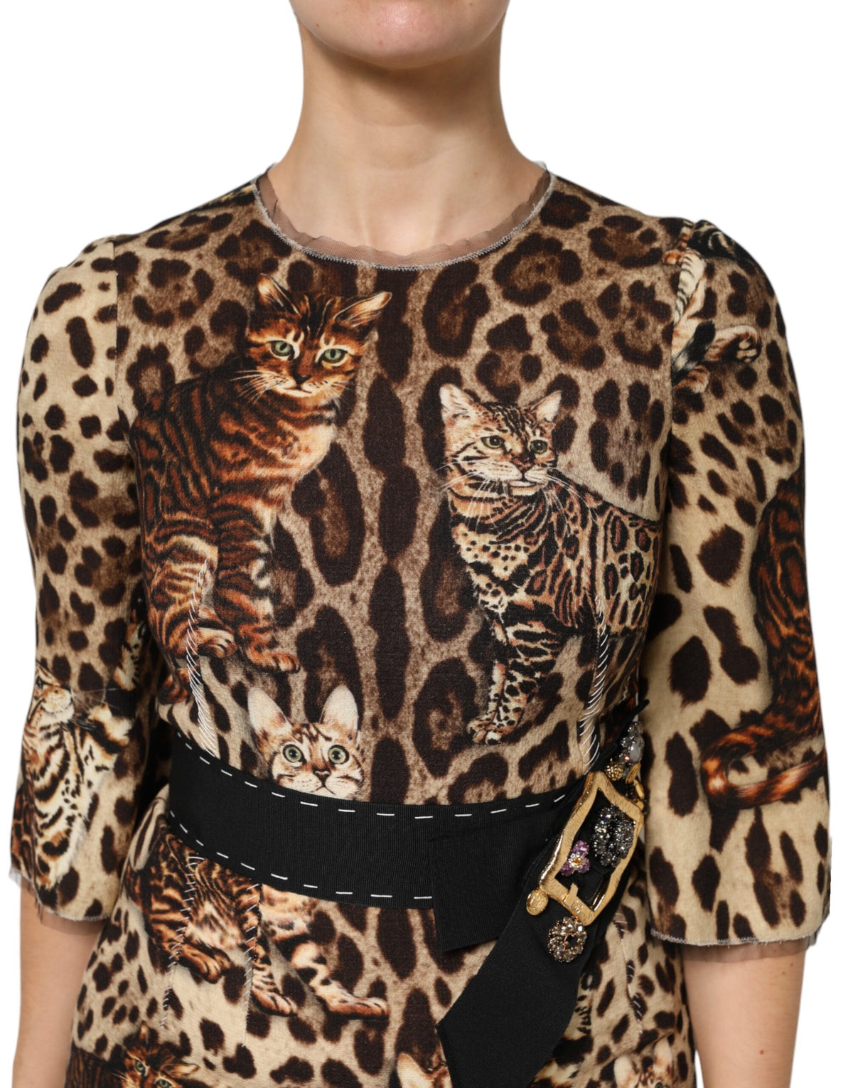 Dolce & Gabbana Brown Leopard Print Belted A-line Midi Women's Dress (Pre-Owned)