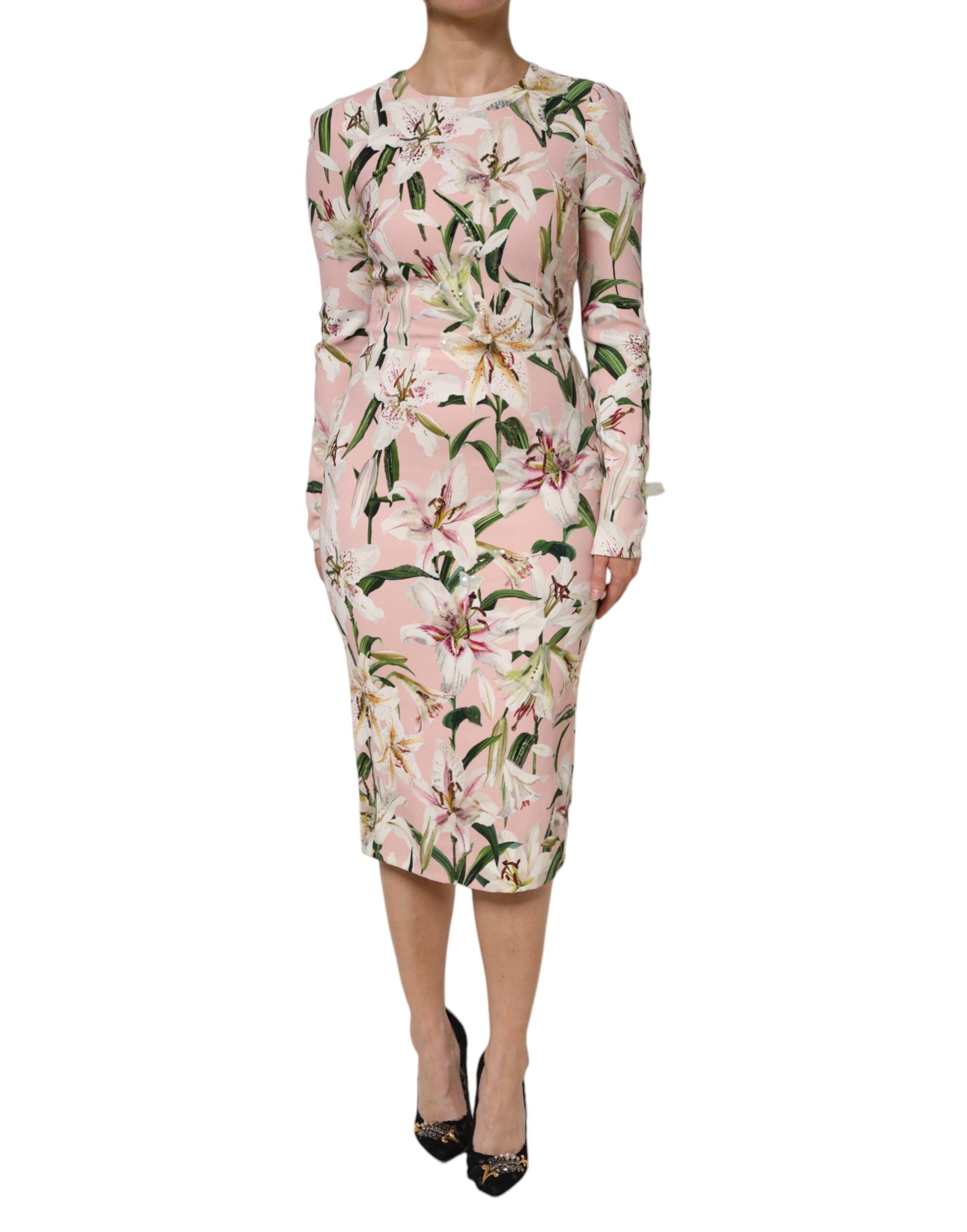 Dolce & Gabbana Pink Lily Viscose Sheath Stretch Midi Women's Dress (Pre-Owned)