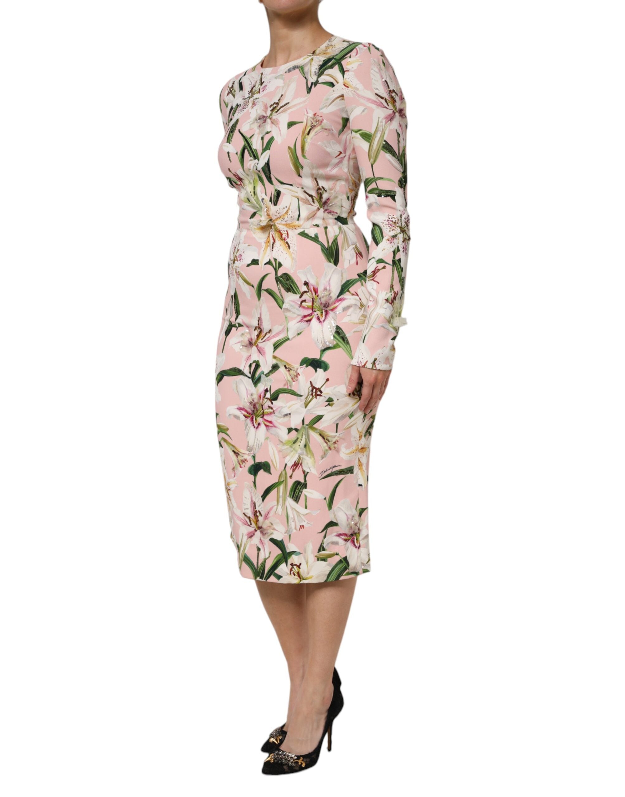 Dolce & Gabbana Pink Lily Viscose Sheath Stretch Midi Women's Dress (Pre-Owned)