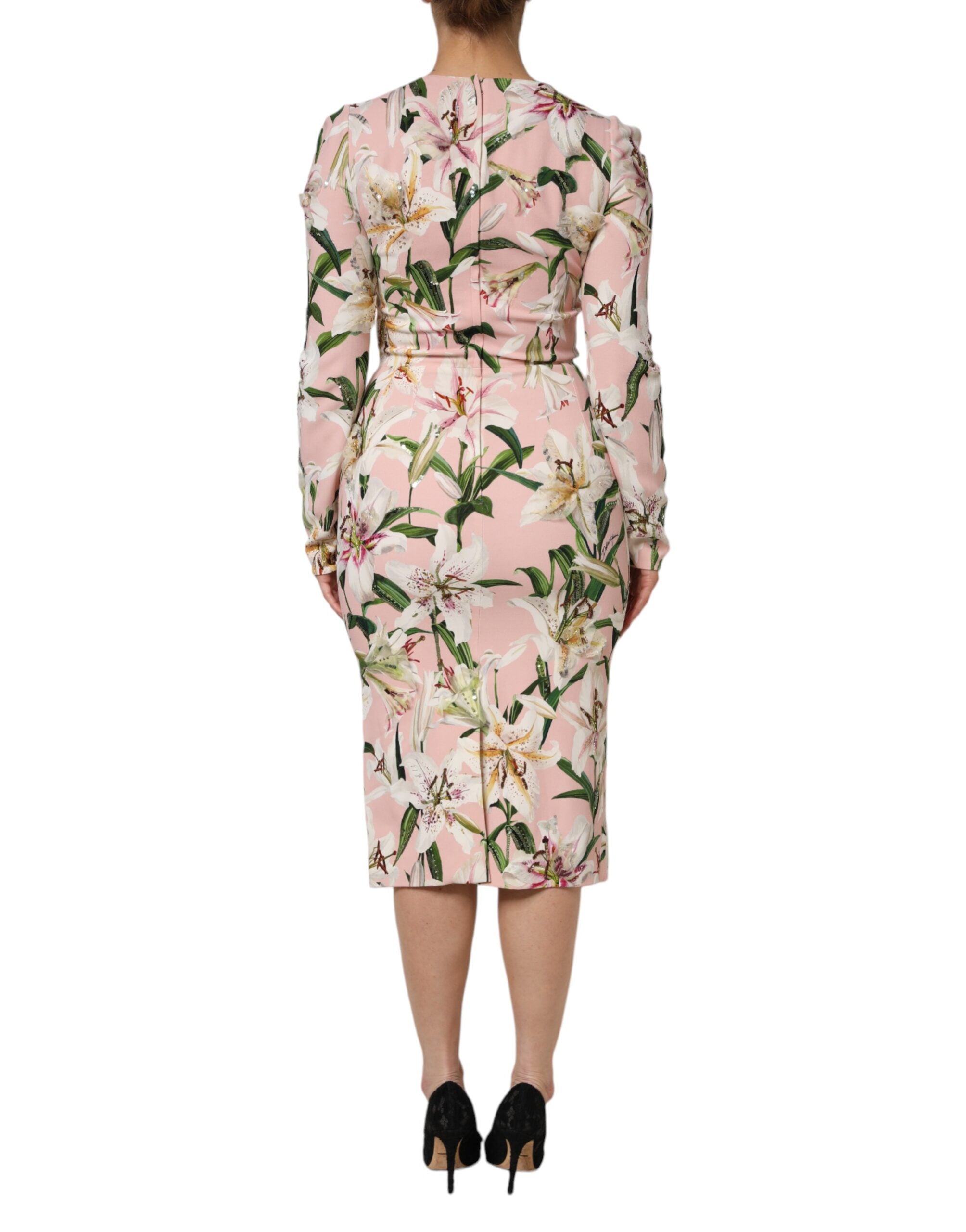 Dolce & Gabbana Pink Lily Viscose Sheath Stretch Midi Women's Dress (Pre-Owned)