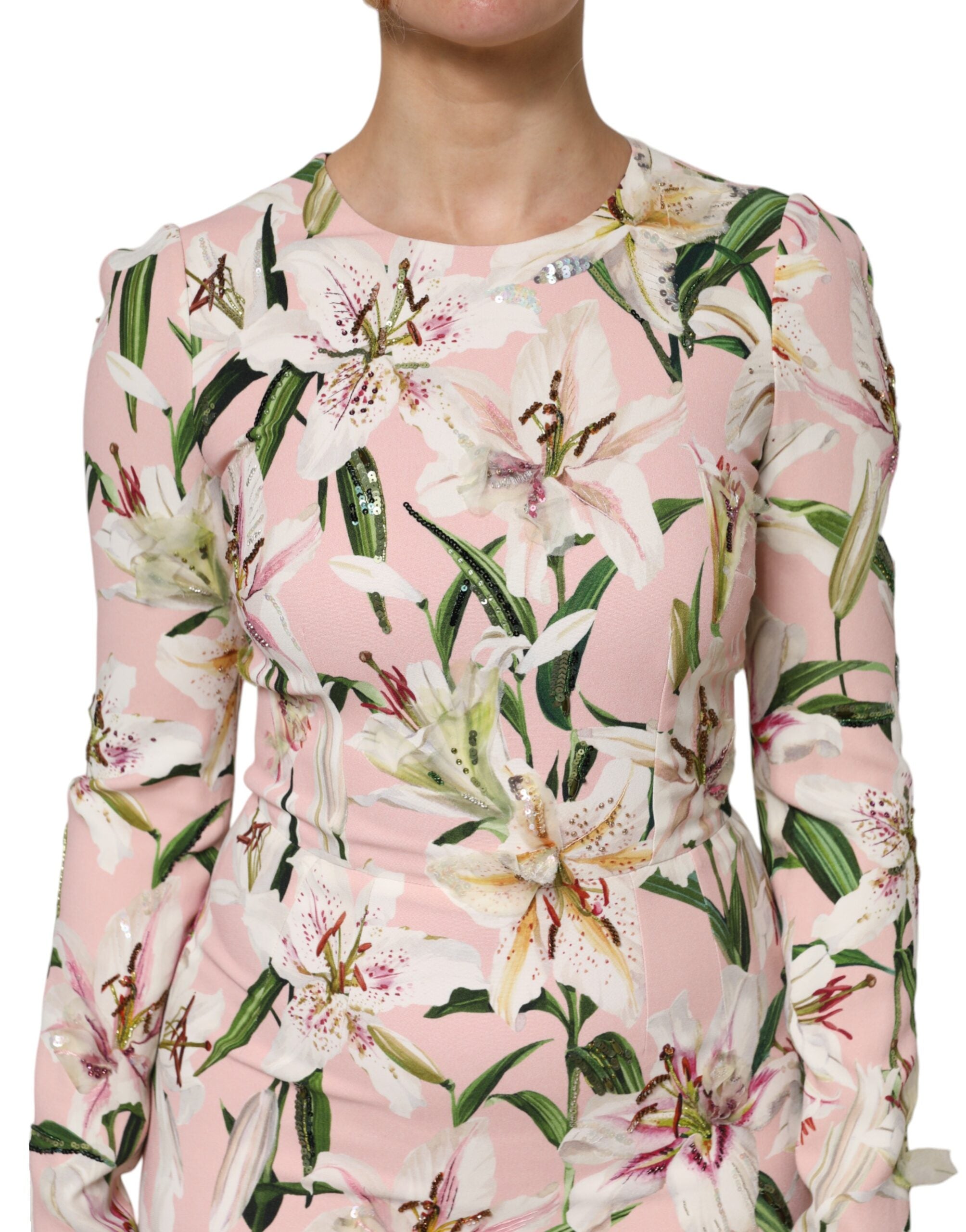 Dolce & Gabbana Pink Lily Viscose Sheath Stretch Midi Women's Dress (Pre-Owned)