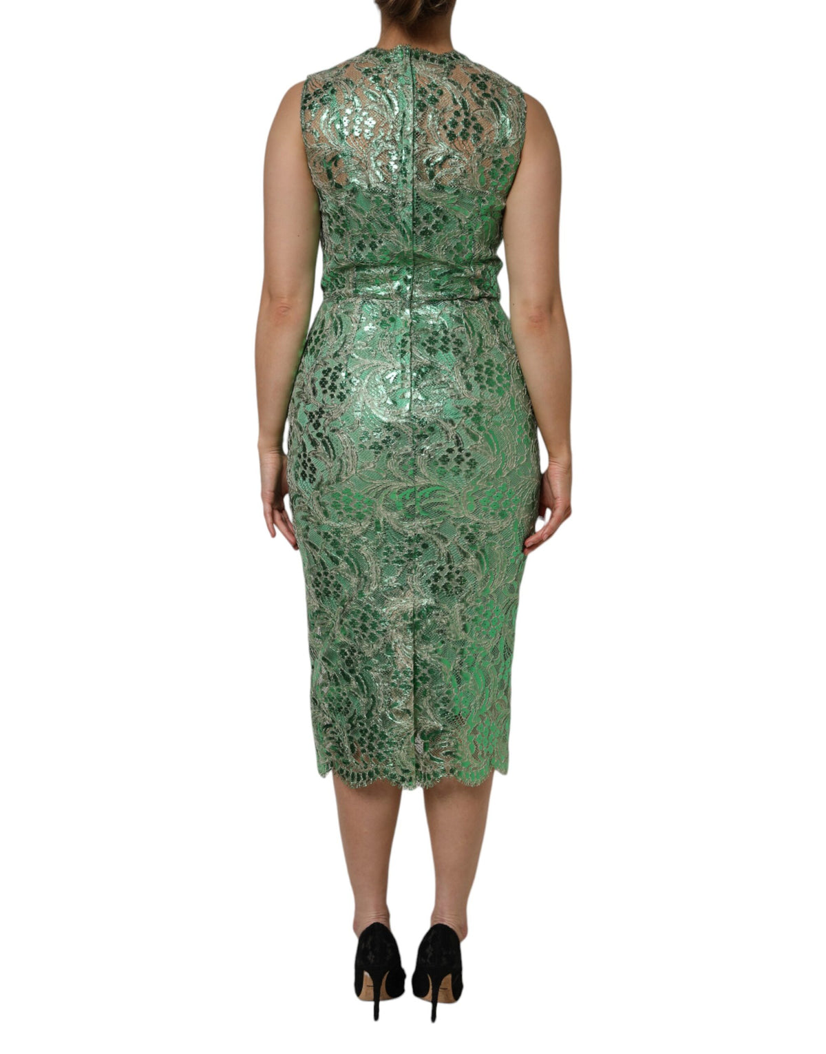 Dolce & Gabbana Green Cotton Floral Lace Sheath Midi Women's Dress