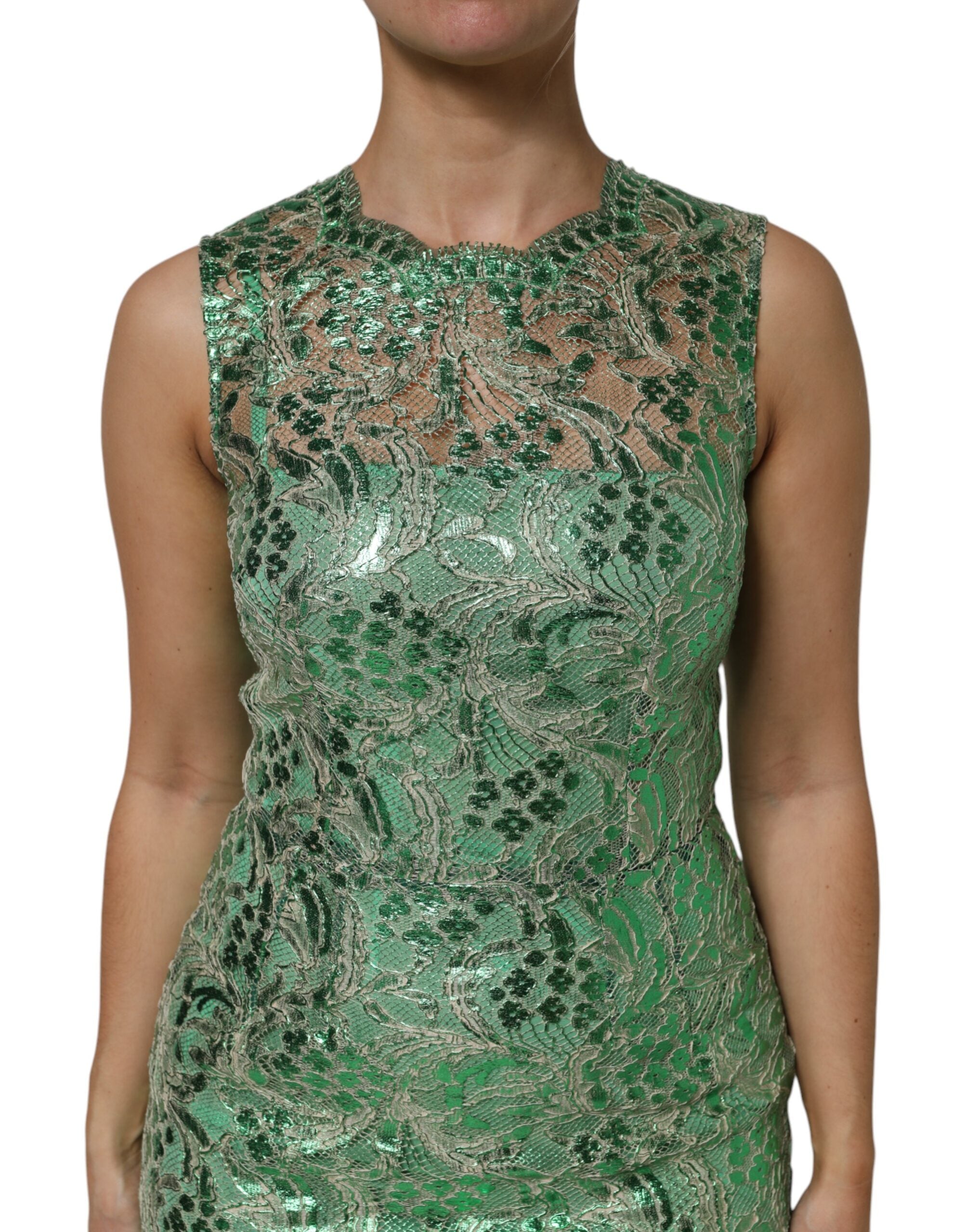 Dolce & Gabbana Green Cotton Floral Lace Sheath Midi Women's Dress