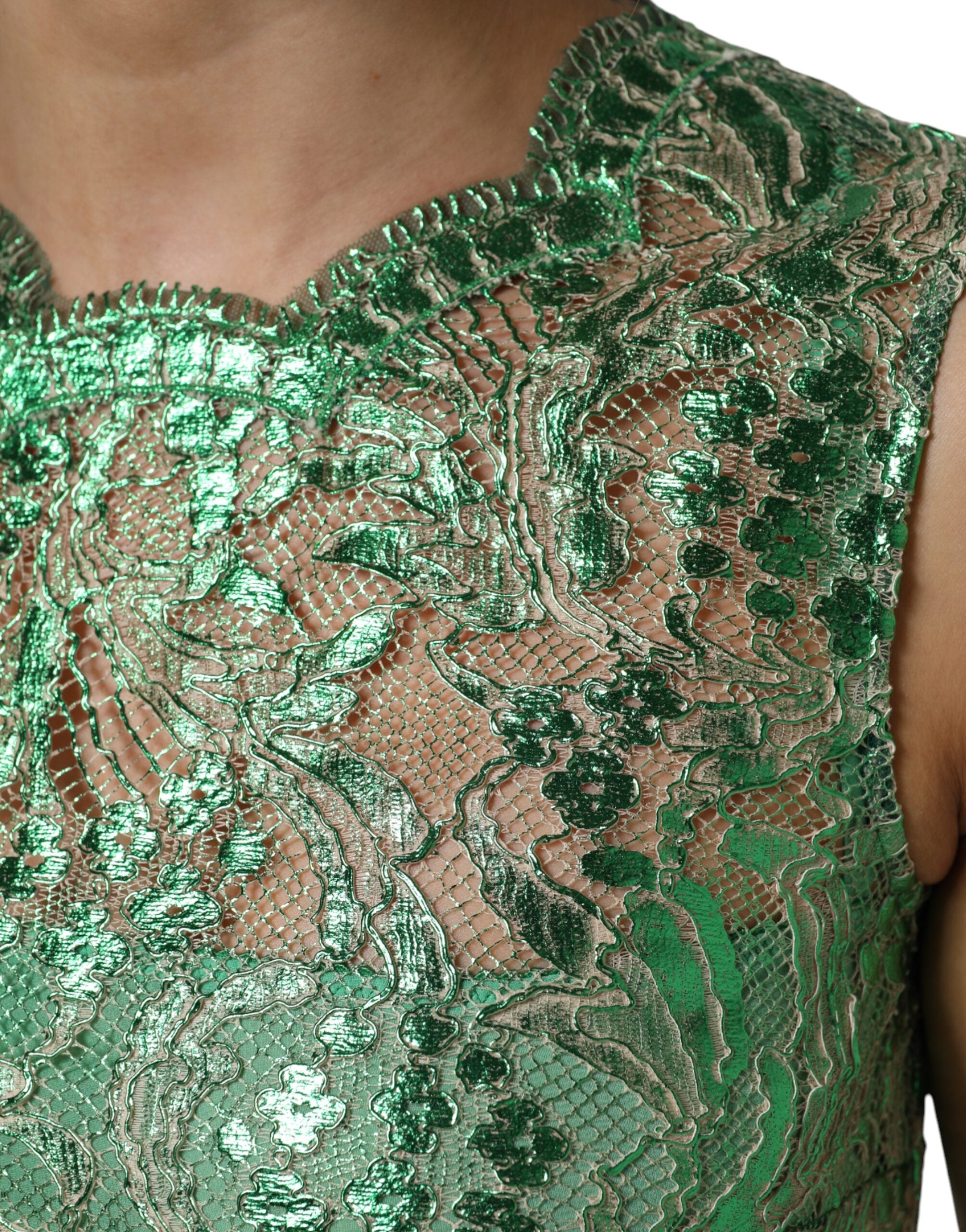 Dolce & Gabbana Green Cotton Floral Lace Sheath Midi Women's Dress