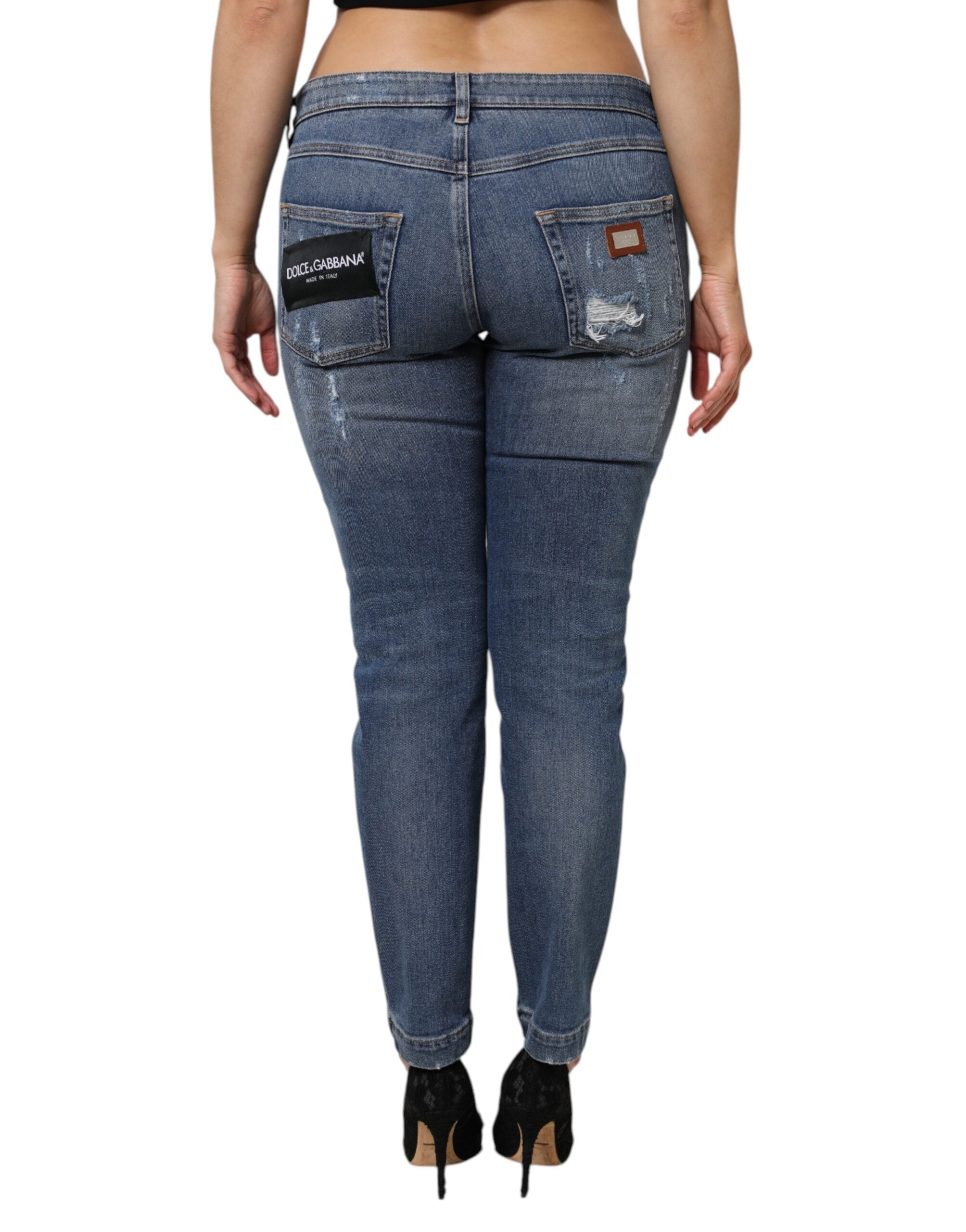 Dolce & Gabbana Blue Tattered Cotton Low Waist Denim Women's Jeans
