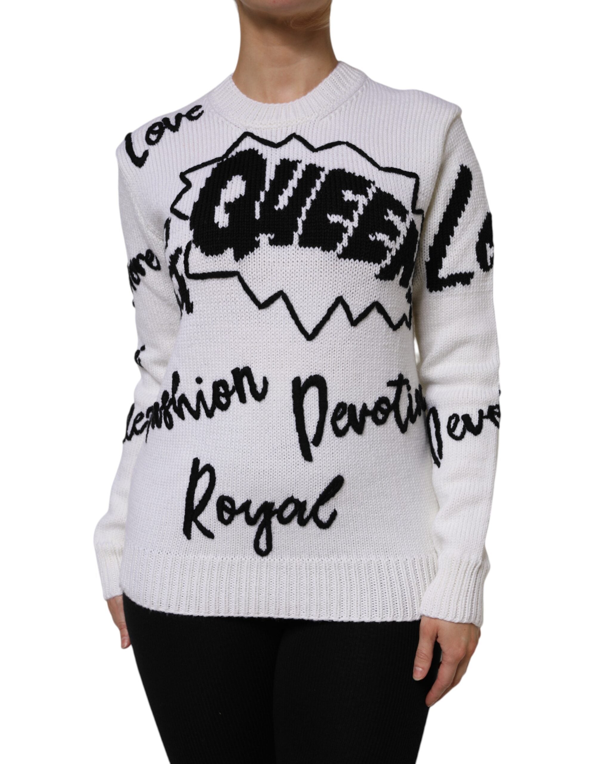 Dolce & Gabbana White Wool Knit Crew Neck Pullover Women's Sweater