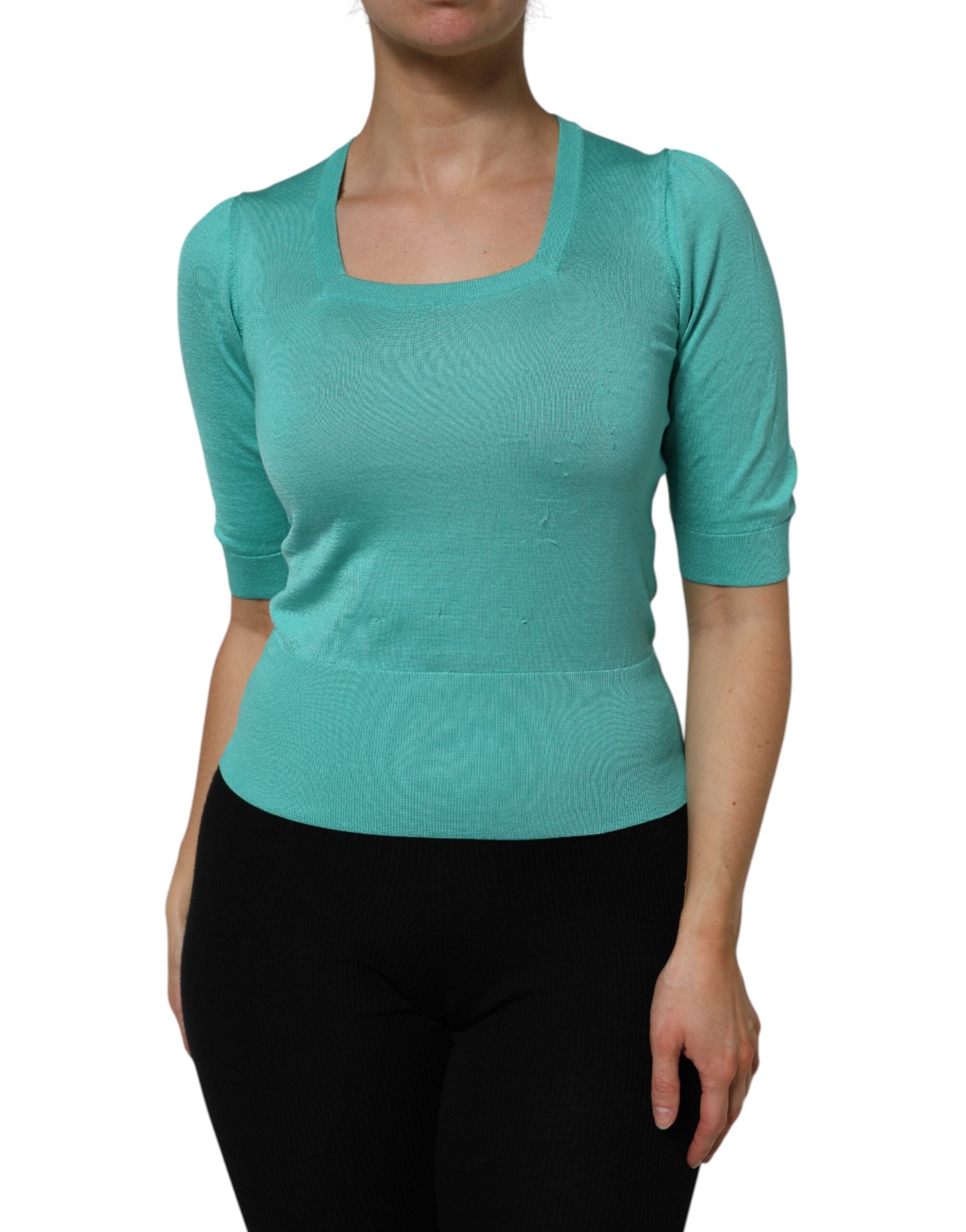 Dolce & Gabbana Aqua Blue Silk Short Sleeves Square Neck Women's Top (Pre-Owned)