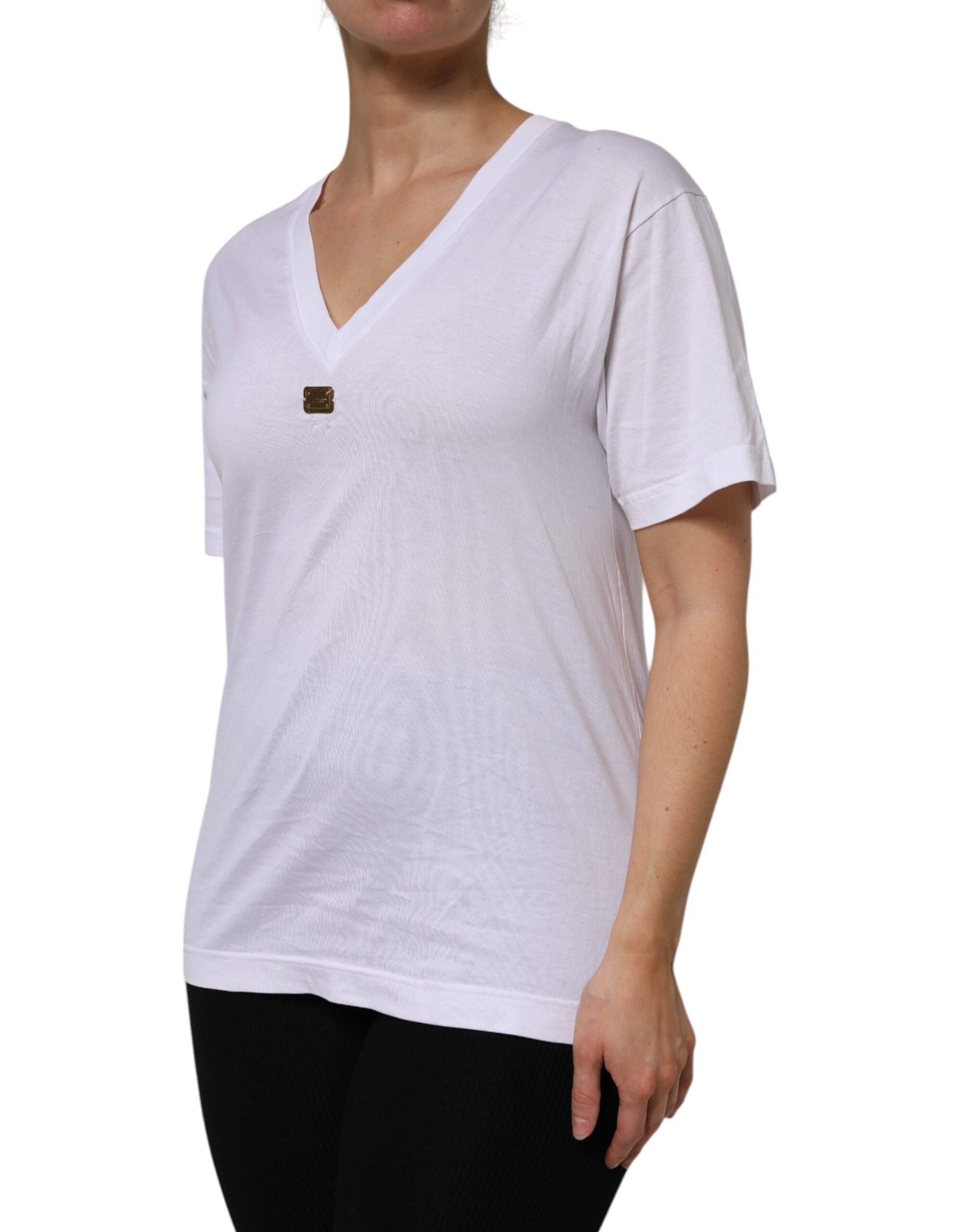 Dolce & Gabbana White Cotton Short Sleeve V-Neck Top Women's T-shirt (Pre-Owned)