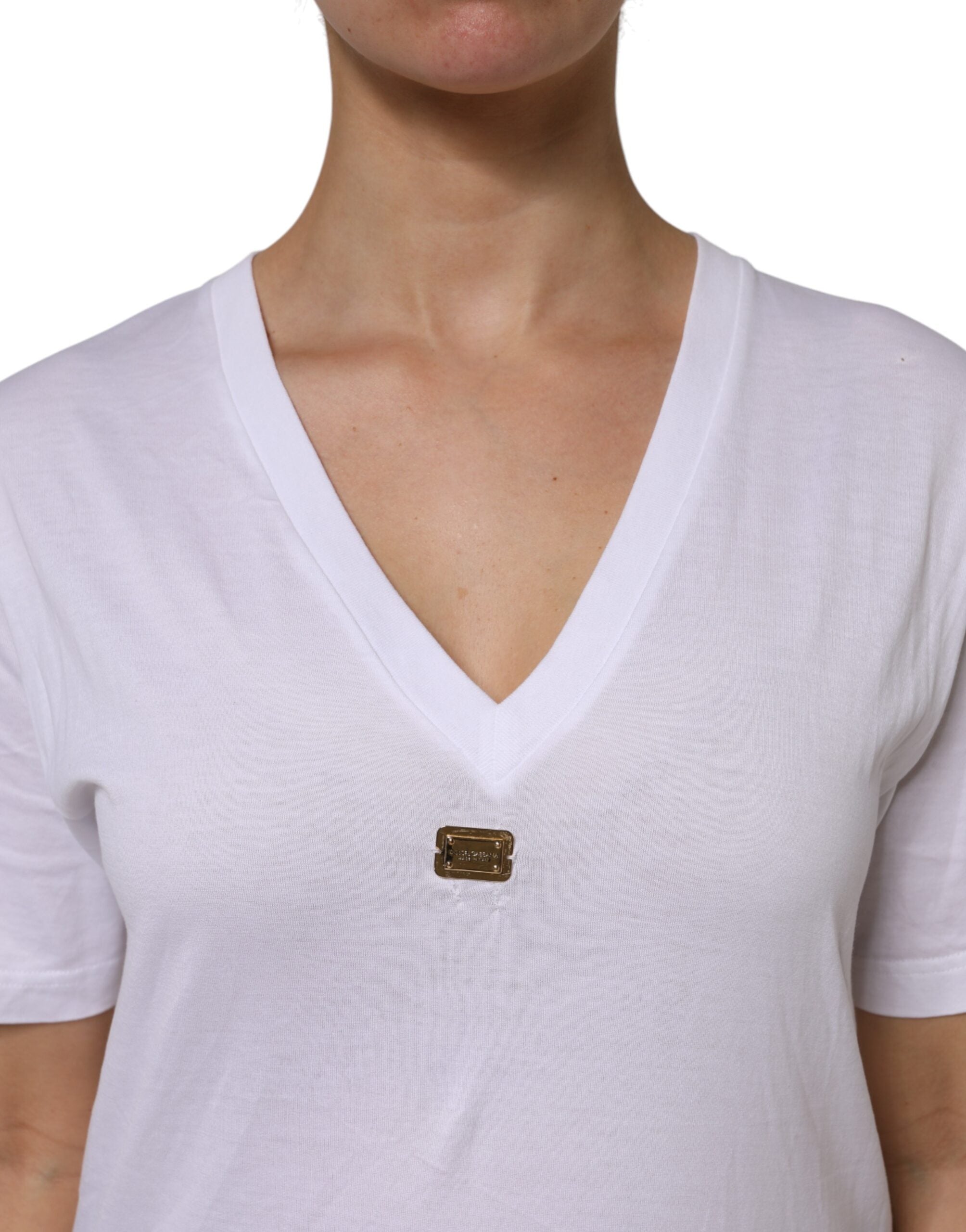 Dolce & Gabbana White Cotton Short Sleeve V-Neck Top Women's T-shirt (Pre-Owned)
