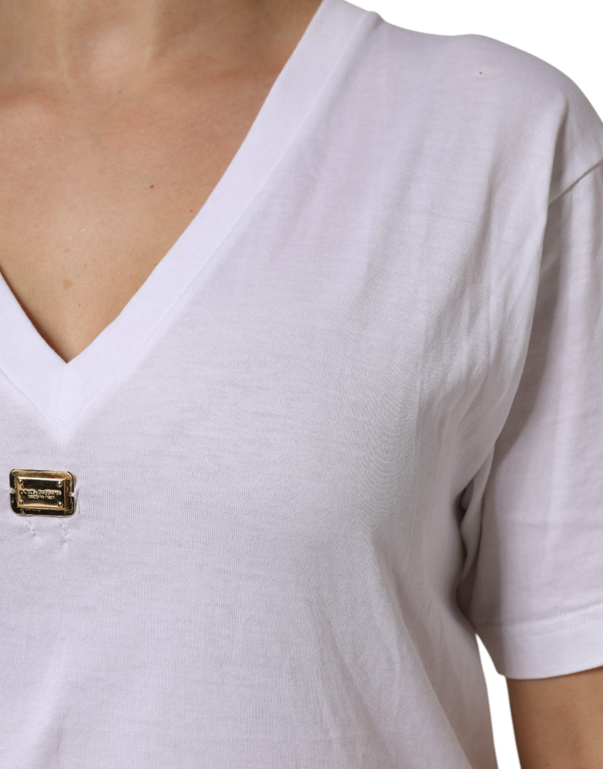 Dolce & Gabbana White Cotton Short Sleeve V-Neck Top Women's T-shirt (Pre-Owned)