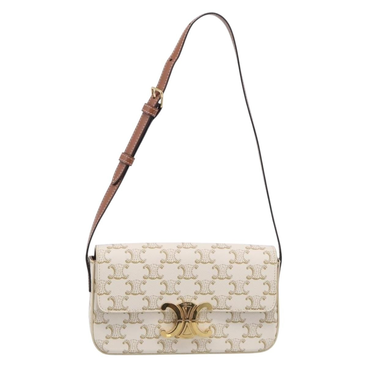 Celine Triomphe East-West Triomphe Coated Canvas White Leather Shoulder Bag Bag (Pre-Owned)