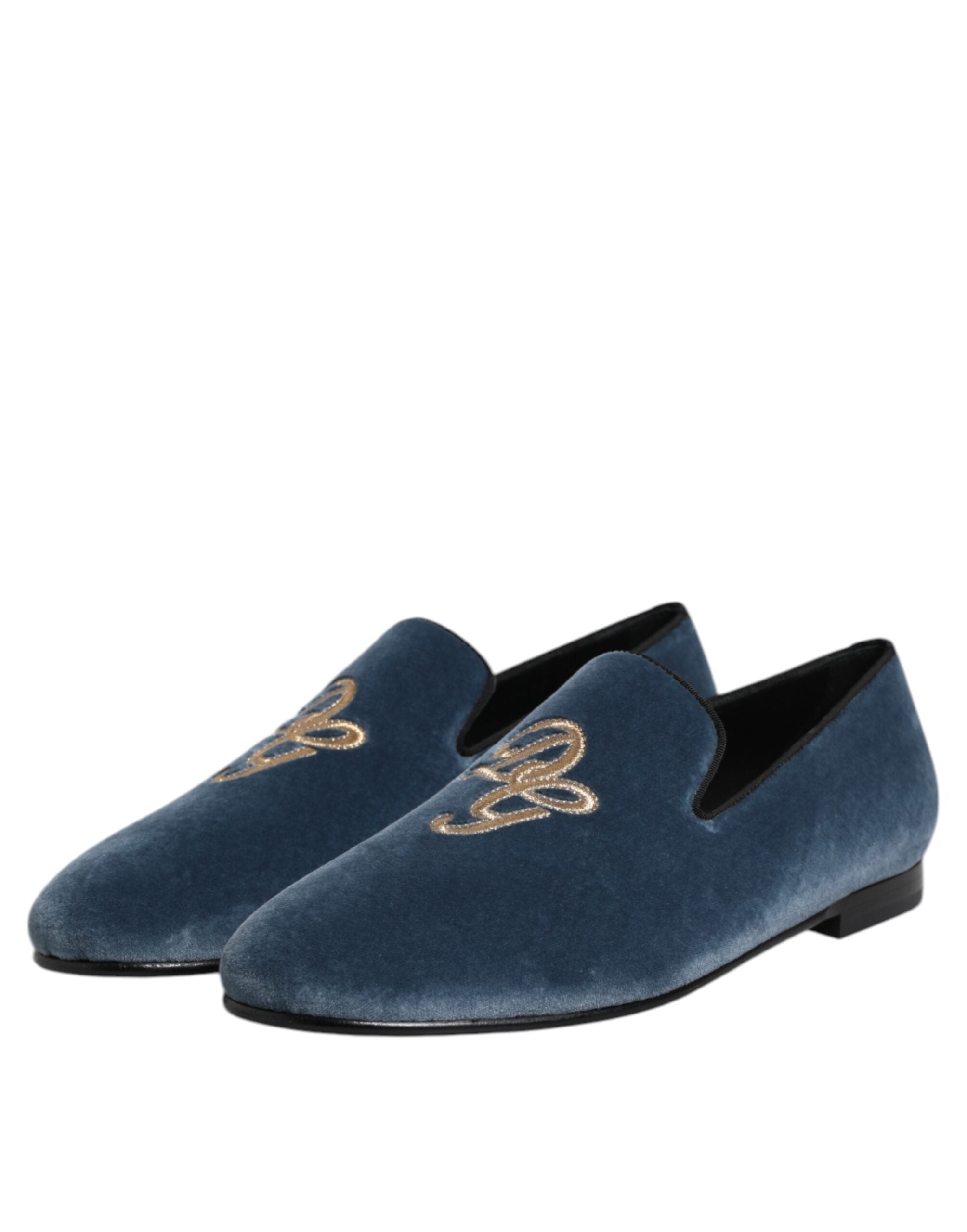 Dolce & Gabbana Blue Velvet DG Logo Loafers Formal Men's Shoes