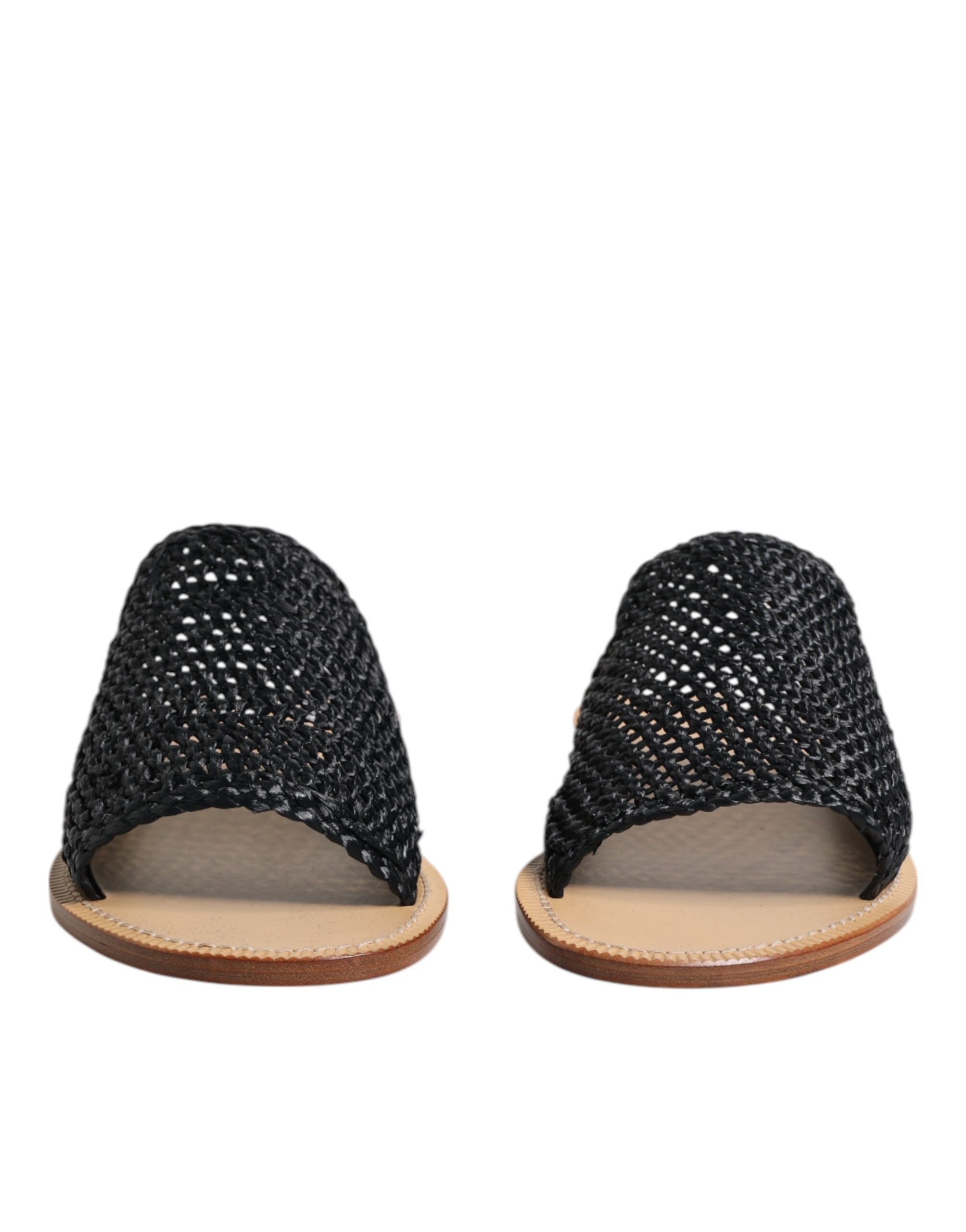 Dolce & Gabbana Black Monochrome Braided Raffia Slides Men's Shoes