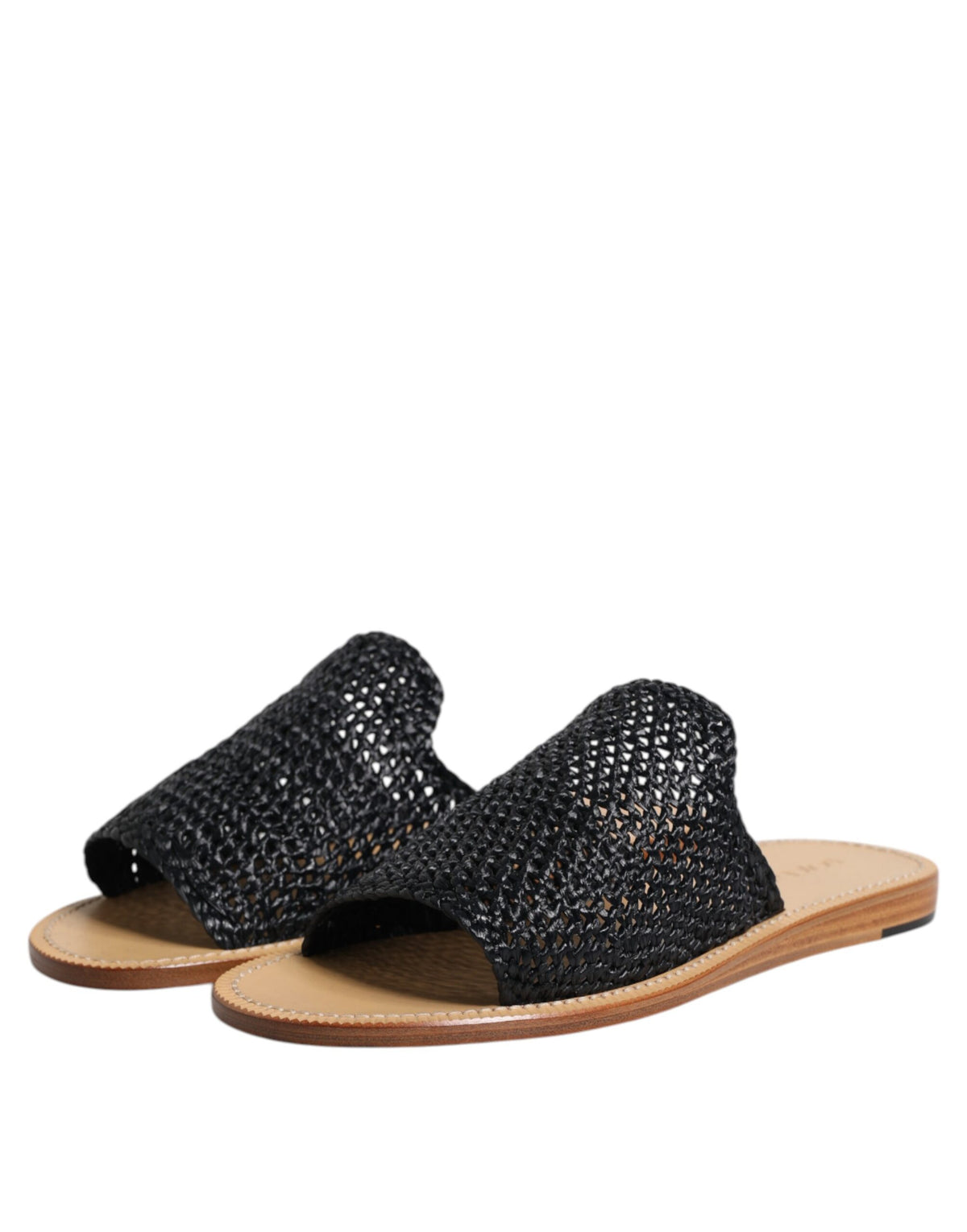Dolce & Gabbana Black Monochrome Braided Raffia Slides Men's Shoes