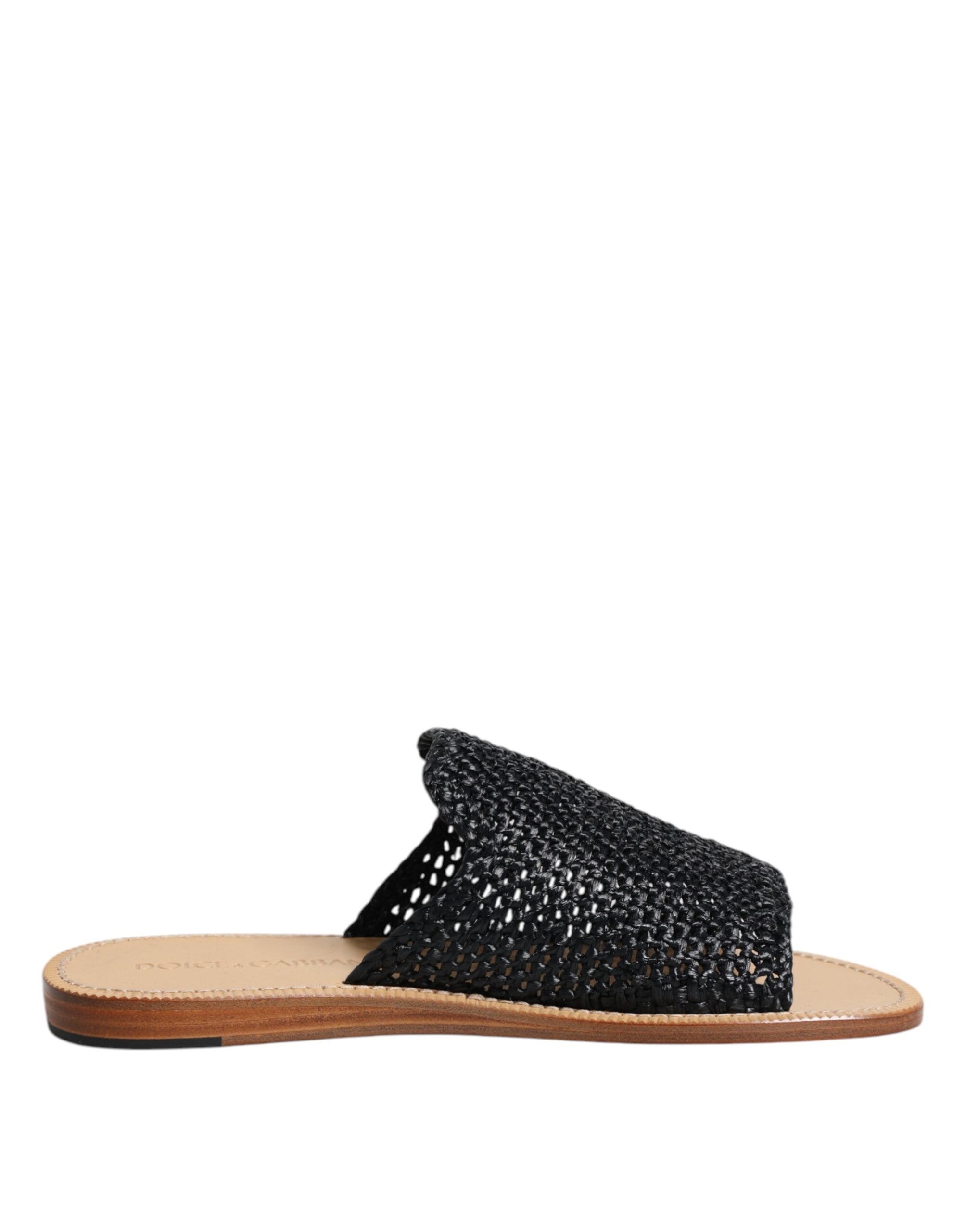 Dolce & Gabbana Black Monochrome Braided Raffia Slides Men's Shoes