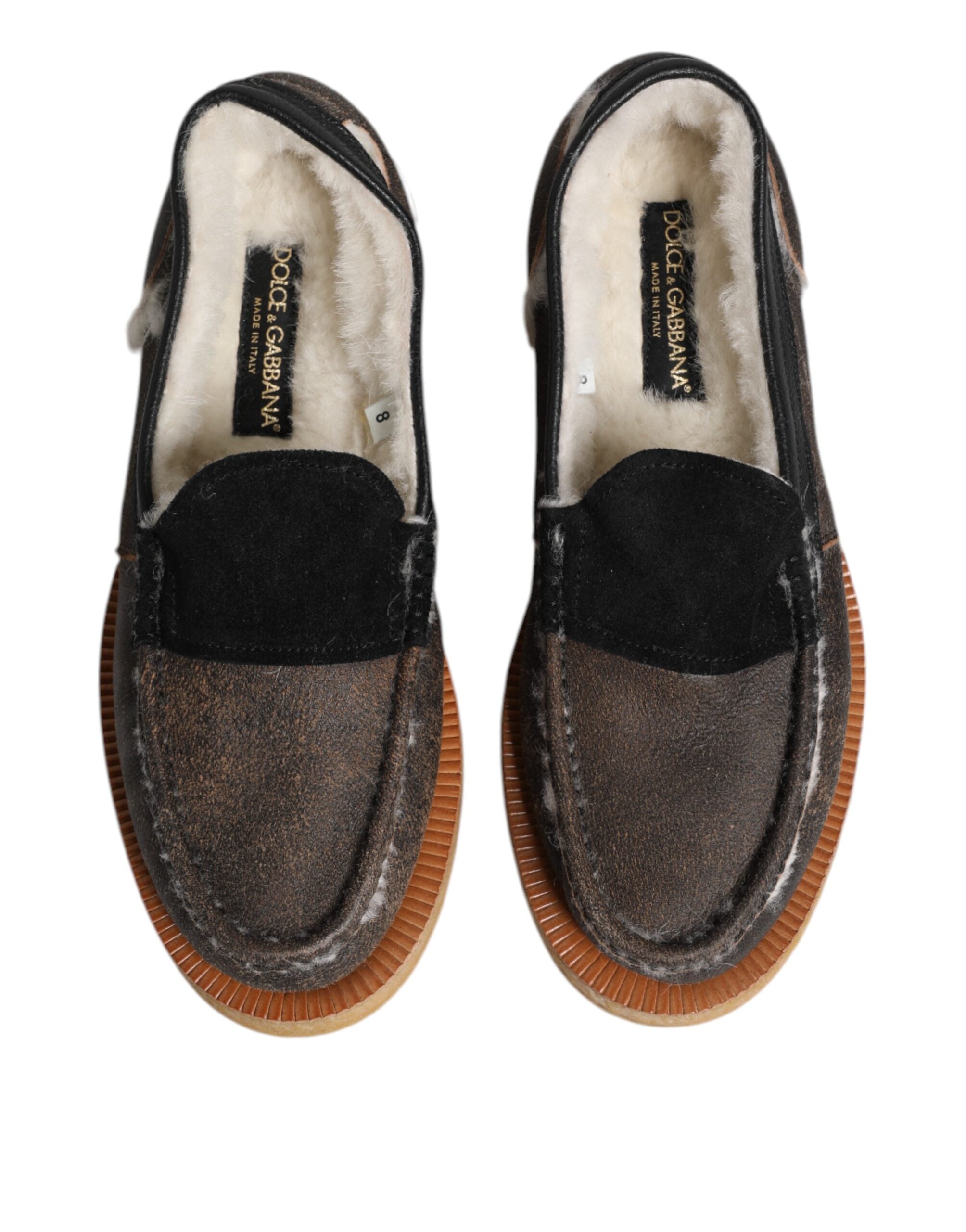 Dolce & Gabbana Brown White Calfskin Leather Loafers Men's Shoes